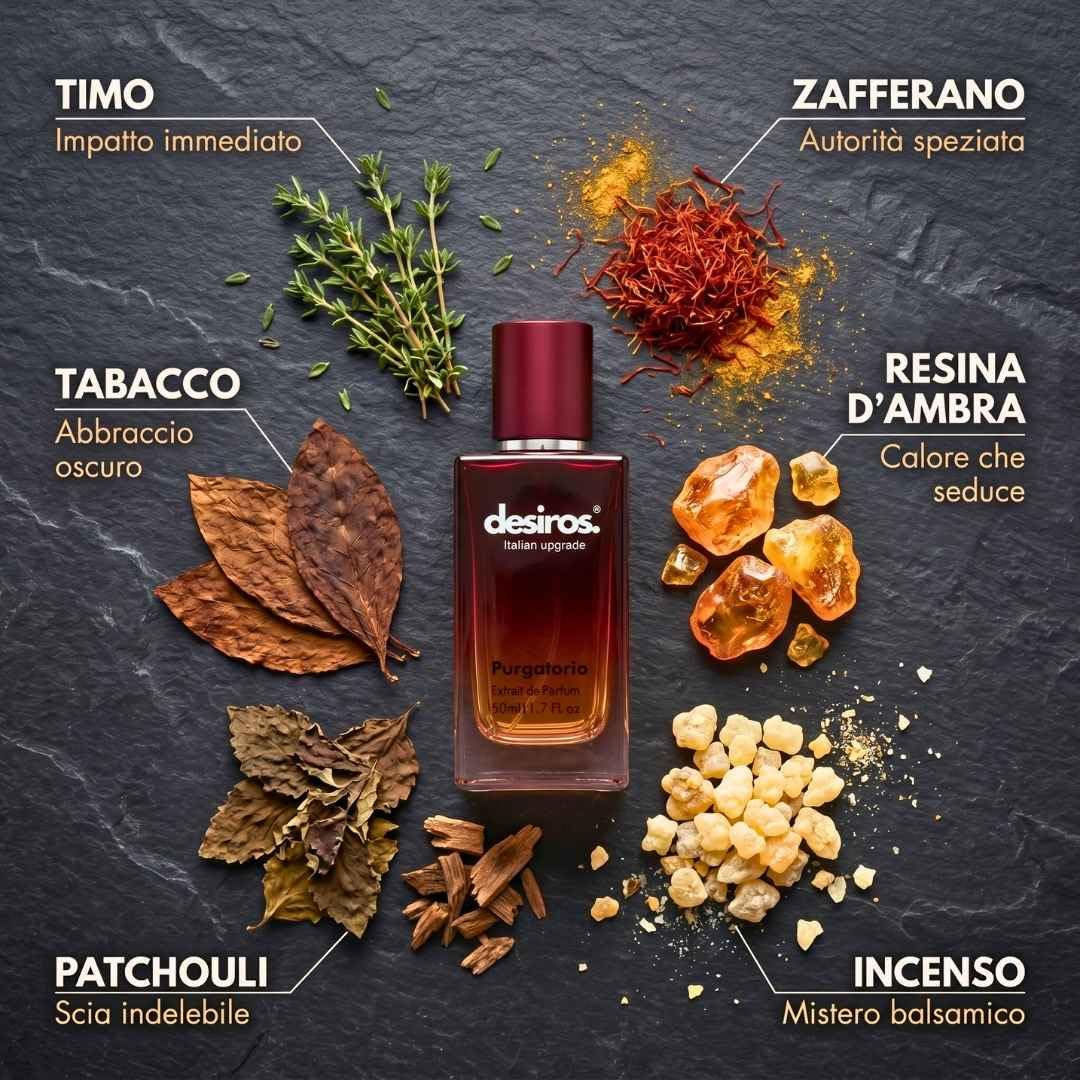 Desiros Purgatorio - Italienischer Herrenduft, verführerisch, holzig, intensiv, 50 ml | Markenduft, Pheromonparfum, Eau de Parfum für den Abend, 25% ätherische Öle, Tabaknoten, Oud, Weihrauch, Geschenk für Herren