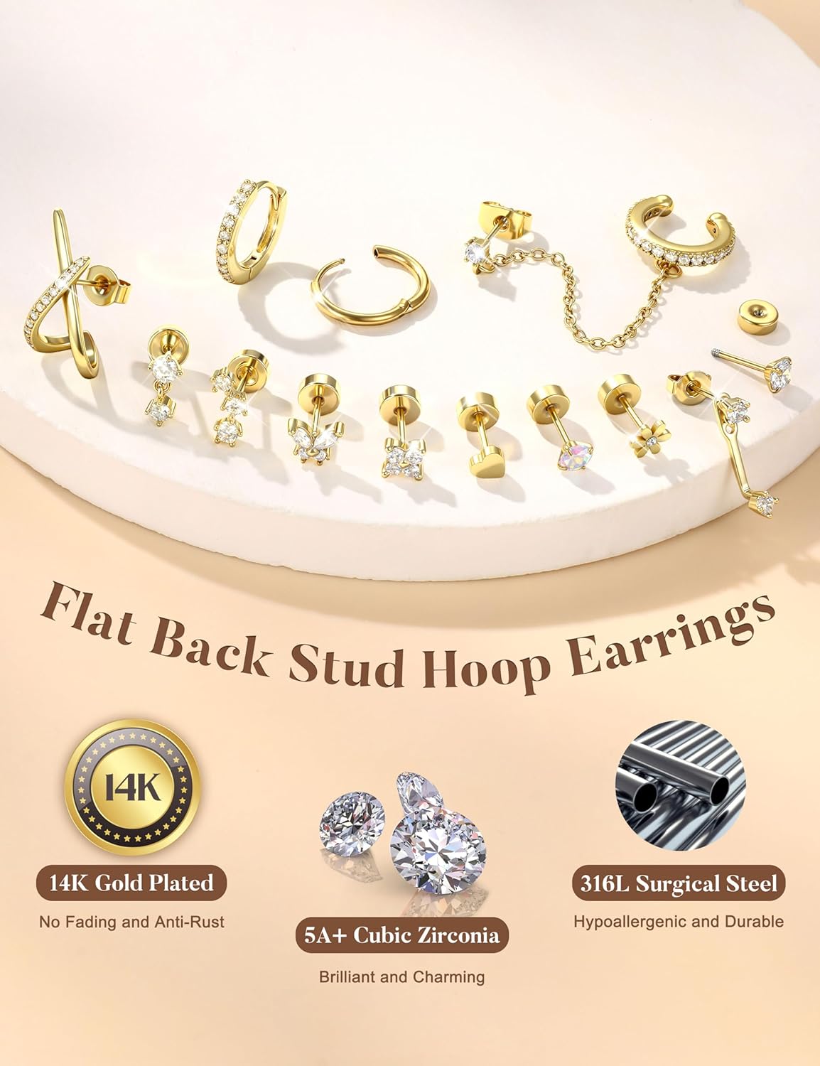 BESTEEL Hypoallergenic Flat Back Earrings for Women - 14K Gold Plated Cartilage Earring Stacks 20G Surgical Stainless Steel Flatback Stud Hoop Earring Set Conch Tragus Helix Piercing Jewelry - Image 5