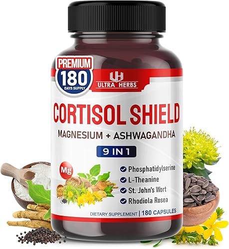 CORTISOL Shield 9 en 1 - Magnesio + Ashwagandha con fosfatidilserina, L-teanina, hierba de San Juan, Rhodiola Rosea - Apoyo de relajación,