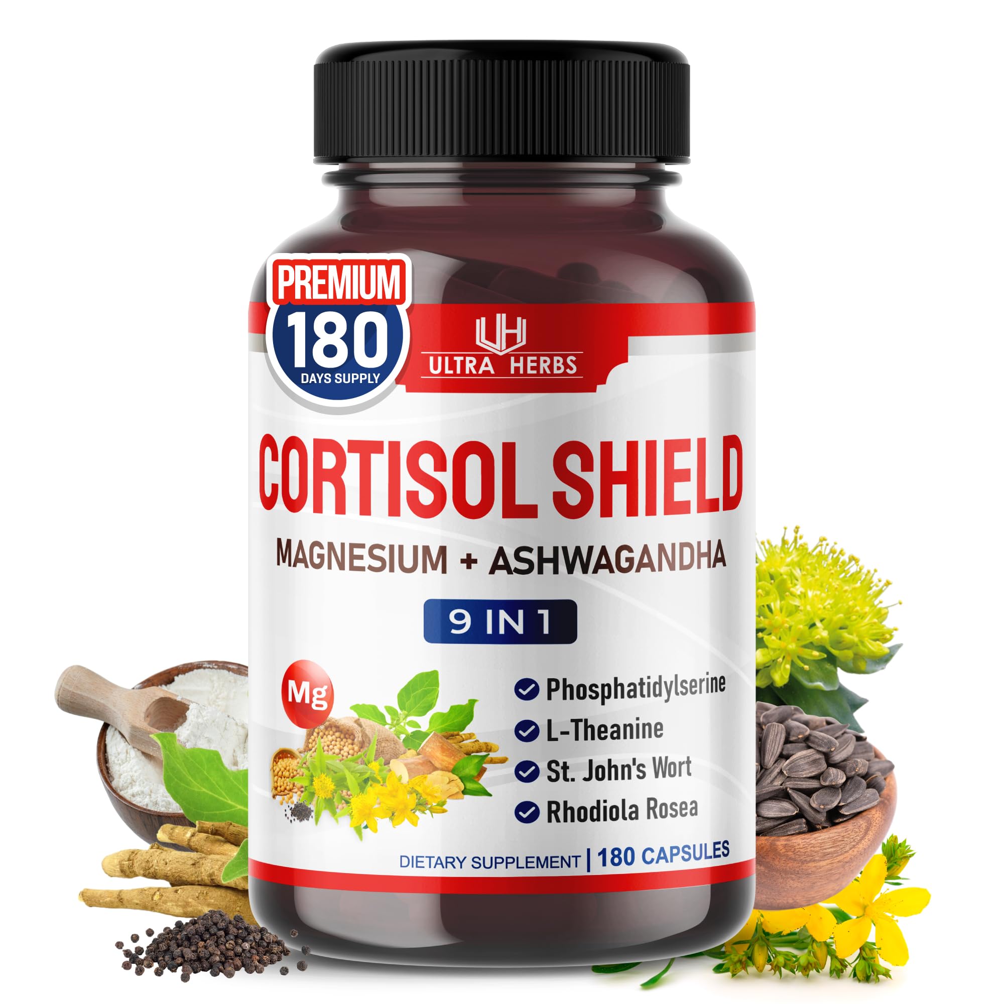 CORTISOL Shield 9-in-1 -Magnesium + Ashwagandha with Phosphatidylserine, L-Theanine, St. John's Wort, Rhodiola Rosea - Relaxation Support, Hormone Balance (180 Count (Pack of 1))