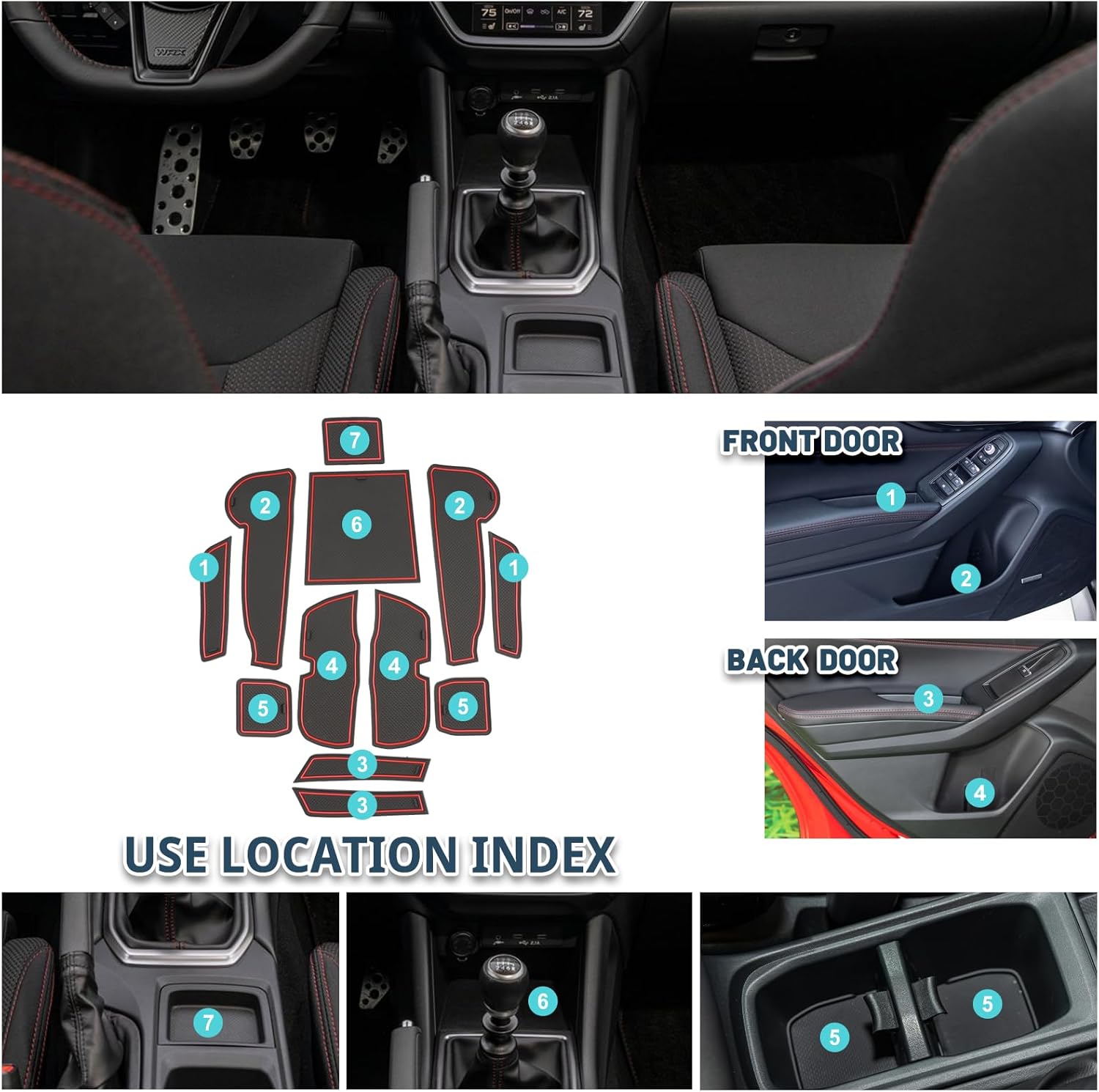 2022-2026 WRX Door Slot Mats for Subaru WRX Accessories 12PCS/Sets Non-Slip Dust Interior Mats Center Console Liner Mats Compatible with 2022 2023 2024 2025 2026 Subaru WRX Base/Premium/TR(6MT)