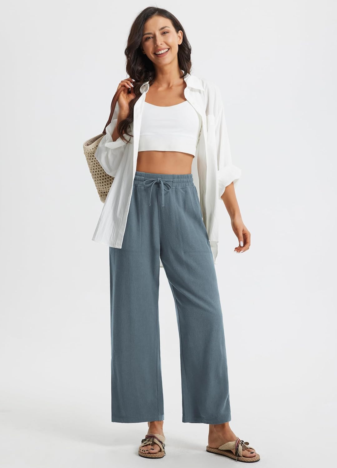 Libin Women Linen Pants Wide Leg Side Slit Ankle Pants High Waist Drawstring Casual Palazzo Loose Beach Pant Cropped Trousers - Image 7