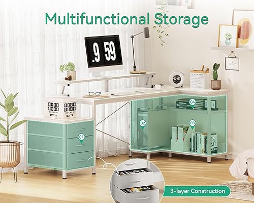 Miniatura 6 de Escritorio para computadora en forma de L con tomas de corriente y 3 cajones de tela, escritorio de oficina reversible con estantes y soporte para