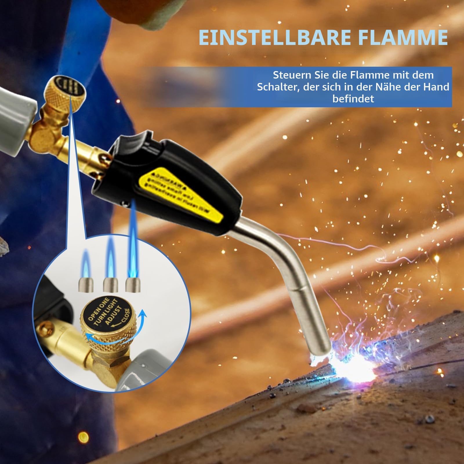 MAPP Gasbrenner Propangasbrenner mit 1,5m Schlauch und verstellbarem Flammenventil Messingspitze CGA600-Schnittstelle zum Löten, Anzünden, Grillen