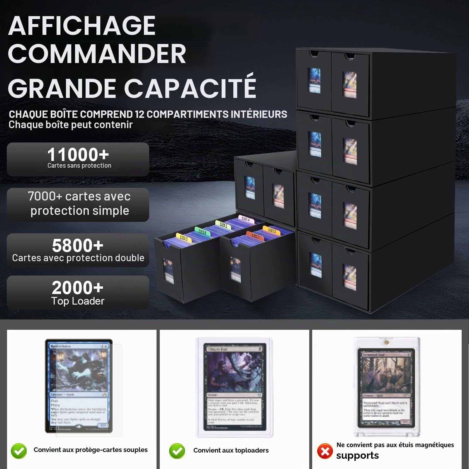 Boîte à Cartes Pour 11000+ Cartes, Boîtes de Rangement Pour Cartes à Collectionner Avec 72PCS Séparateurs,Etiquettes et Ruban Adhésif,Boîtes Magnétiques de Qualité Supérieure de Pour TCG Carte