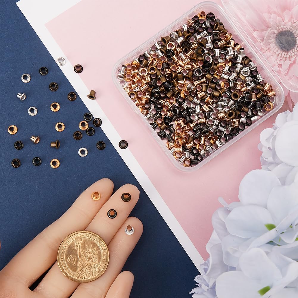 GORGECRAFT 1 Box 400Pcs 4 Colors Super Tiny Eyelet 0.06"(1.5mm) Hole Brass Metal Quicklet Grommets Eyelets for BJD Doll Clothes Shoes Bead Cords Belt Bag DIY Mini Crafts Leather Canvas