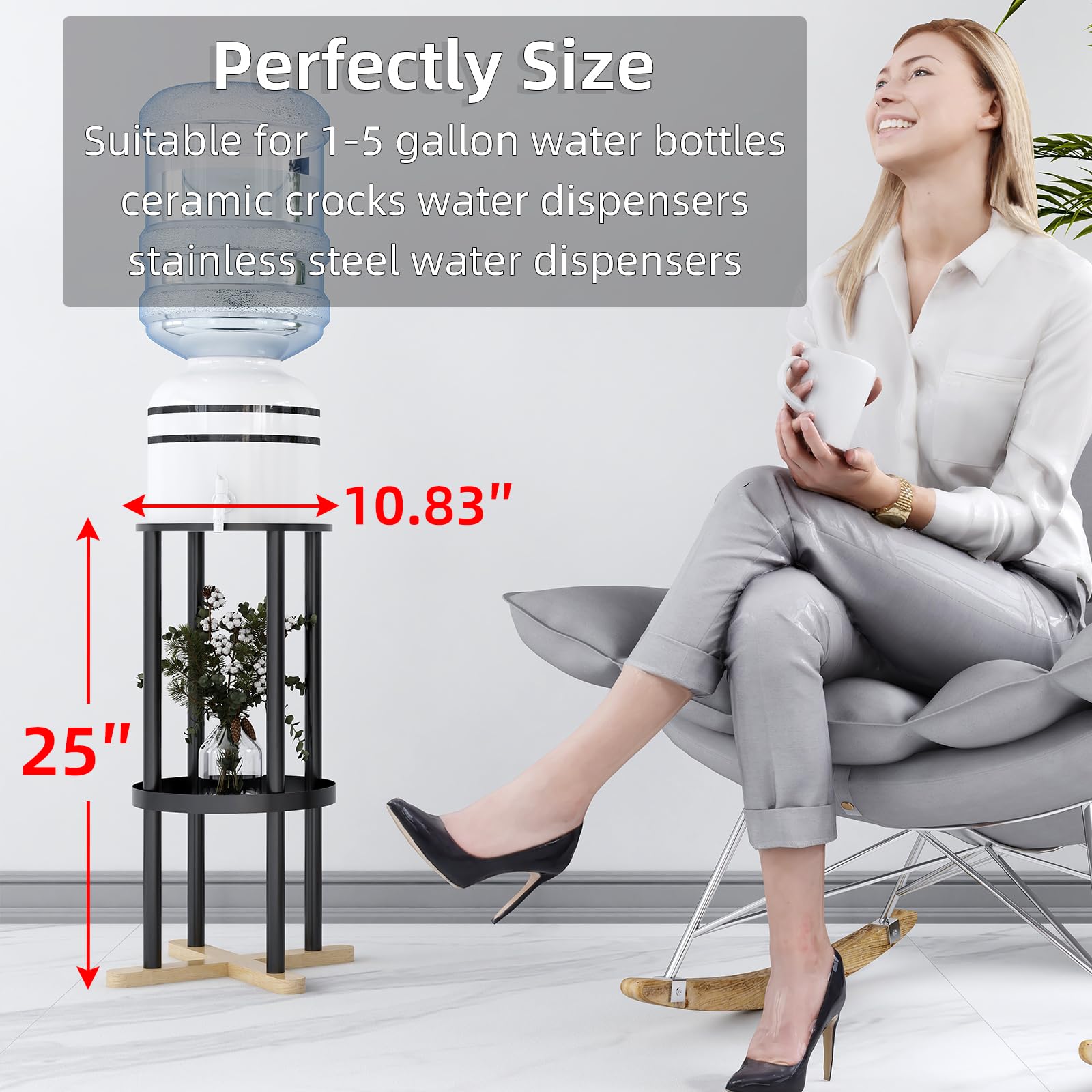 Wasserspender-Ständer Aus Massivholz – Höhe 83,3 Cm, Trägt Bis 77 Kg, Mit 2 Ablagen Für Flaschen & Töpfe