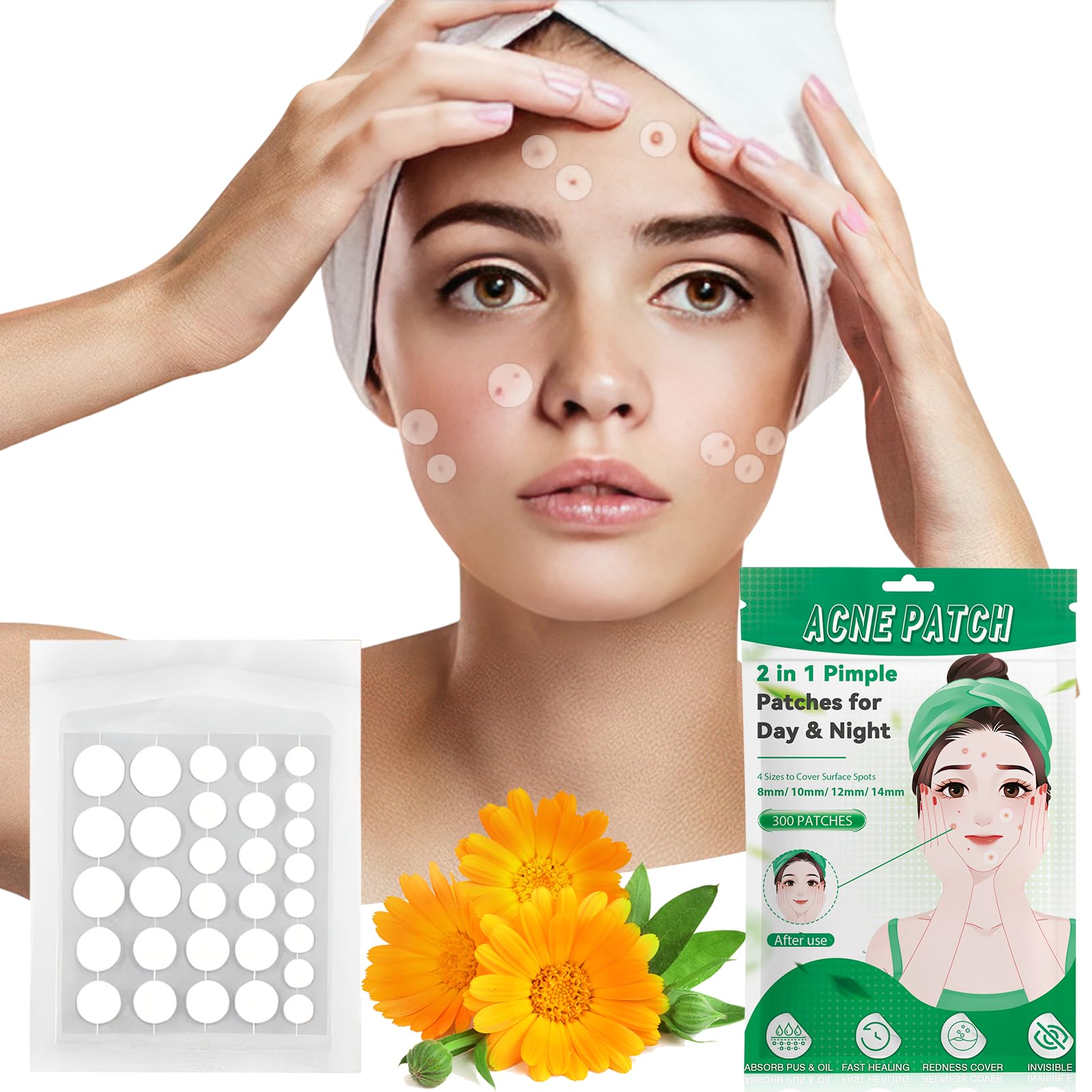 Acne Patch, 300 Piezas Pimple Patches Hydrocolloïdes Invisibles con Ácido Salicílico y Centella Asiática Reduce Imperfecciones, 2-en-1 Día y Noche 4 Tamaños Parches Granos Cara