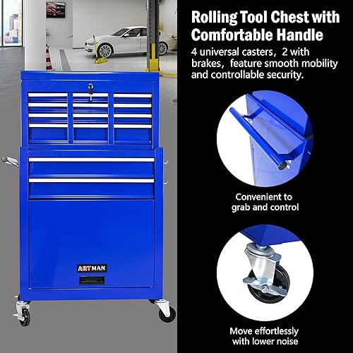 Miniatura 7 de Cofre de herramientas de 8 cajones, caja de herramientas rodante con caja de herramientas superior desmontable y cerradura de llave, armario de