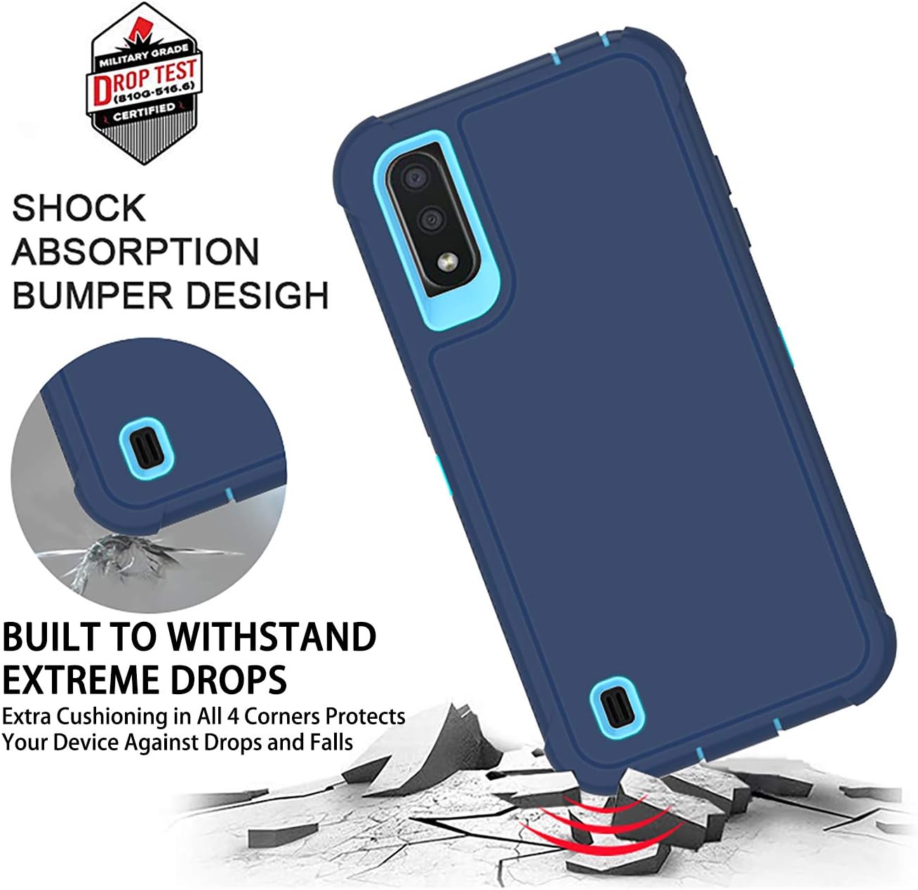 PhuLok Galaxy A01 Case,Samsung A01 Case (North American Version),with HD Screen Protector,Heavy Duty Armor Dual Layer Shockproof Sports Anti-Scratches Non-Slip Bumper Rugged (Deep Blue/Sky Blue)