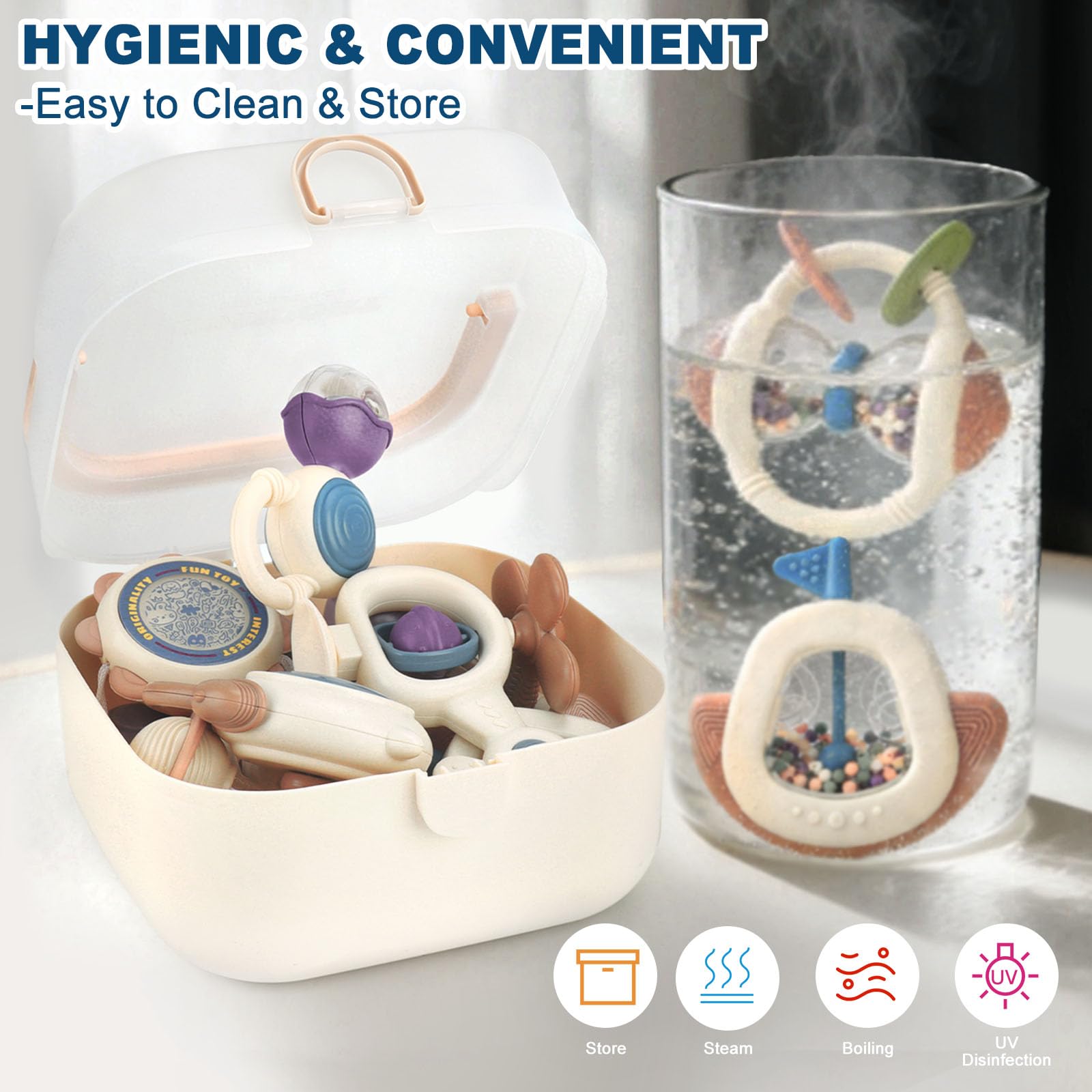 JOYBOY Hochet Bébé 10 Pièces, Montessori Jouet Dentition Éveil 0-12 Mois | Cadeau Nouveau-Né Fille Garçon — Accessoire Sensoriel dès la Naissance, Soulage Gencives et Stimule les Sens, Kit Complet