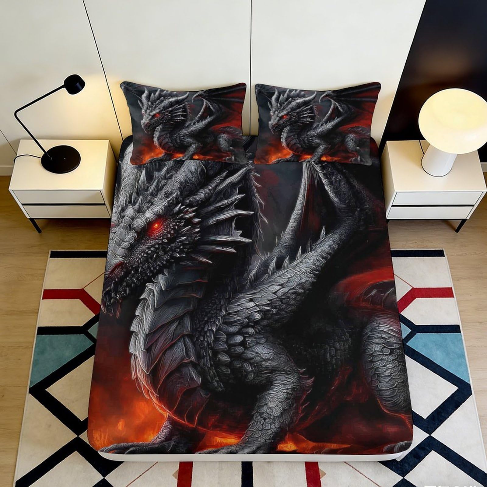 3D Printed Black Dragon Fitted Sheet Microfiber Fire Fantasy Bed Cover for Bedroom Dorm Decor Mattress Protection 90x200x25cm