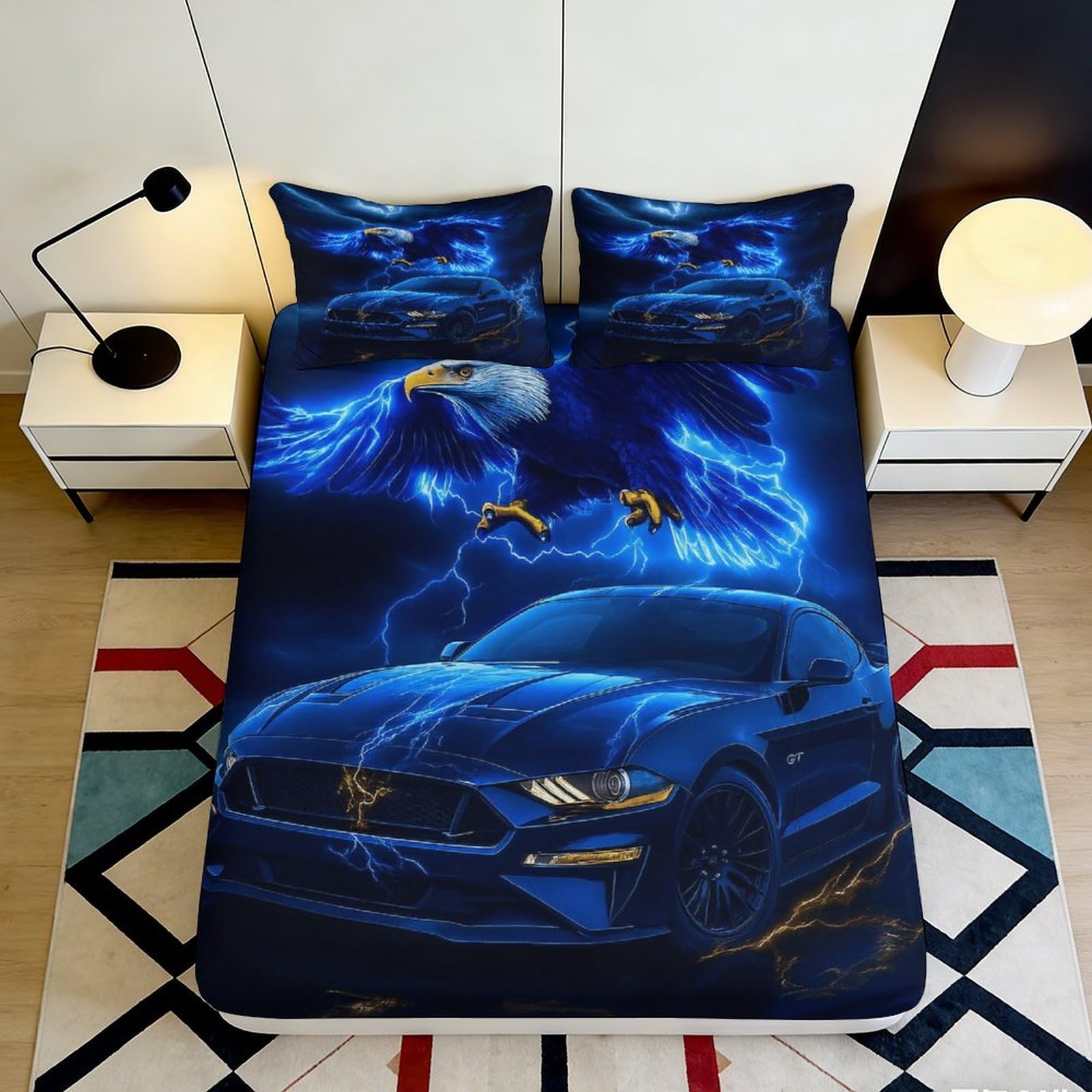 3D Printed Electric Blue Eagle Fitted Sheet Microfiber Soft Breathable Lightning Car Bed Cover for Bedroom Dormitory Guest Room Mattress Protection 140x200x25cm
