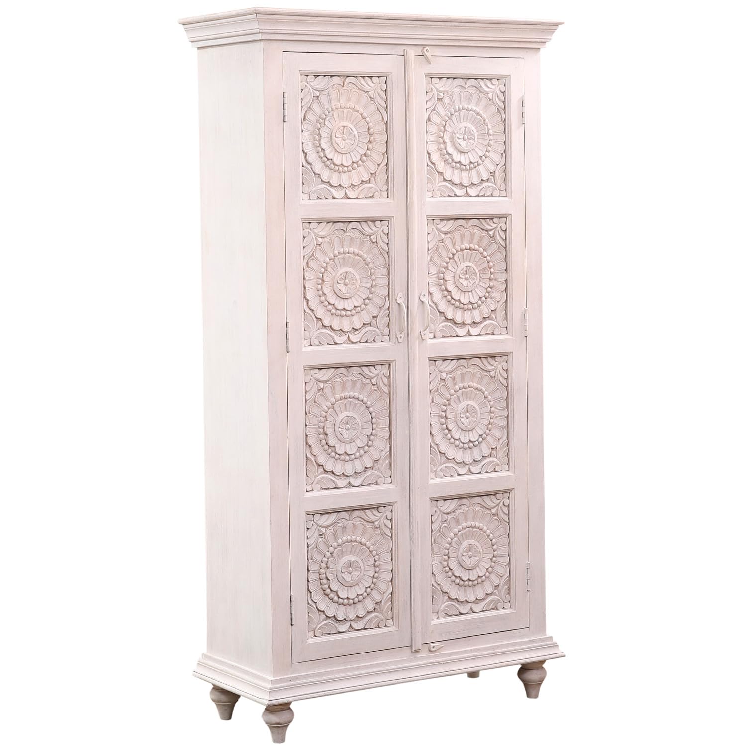 Marrakech Boho Armario en blanco de madera maciza, 185 cm, armario multiusos Haifir para salón, pasillo y dormitorio como muebles orientales, archivador para la oficina