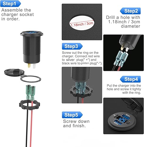 Miniatura 5 de Toma de corriente USB de 12 voltios de carga rápida dual 3.0 puerto y PD3.0 USB C cargador de batería de coche, toma de corriente impermeable de 12