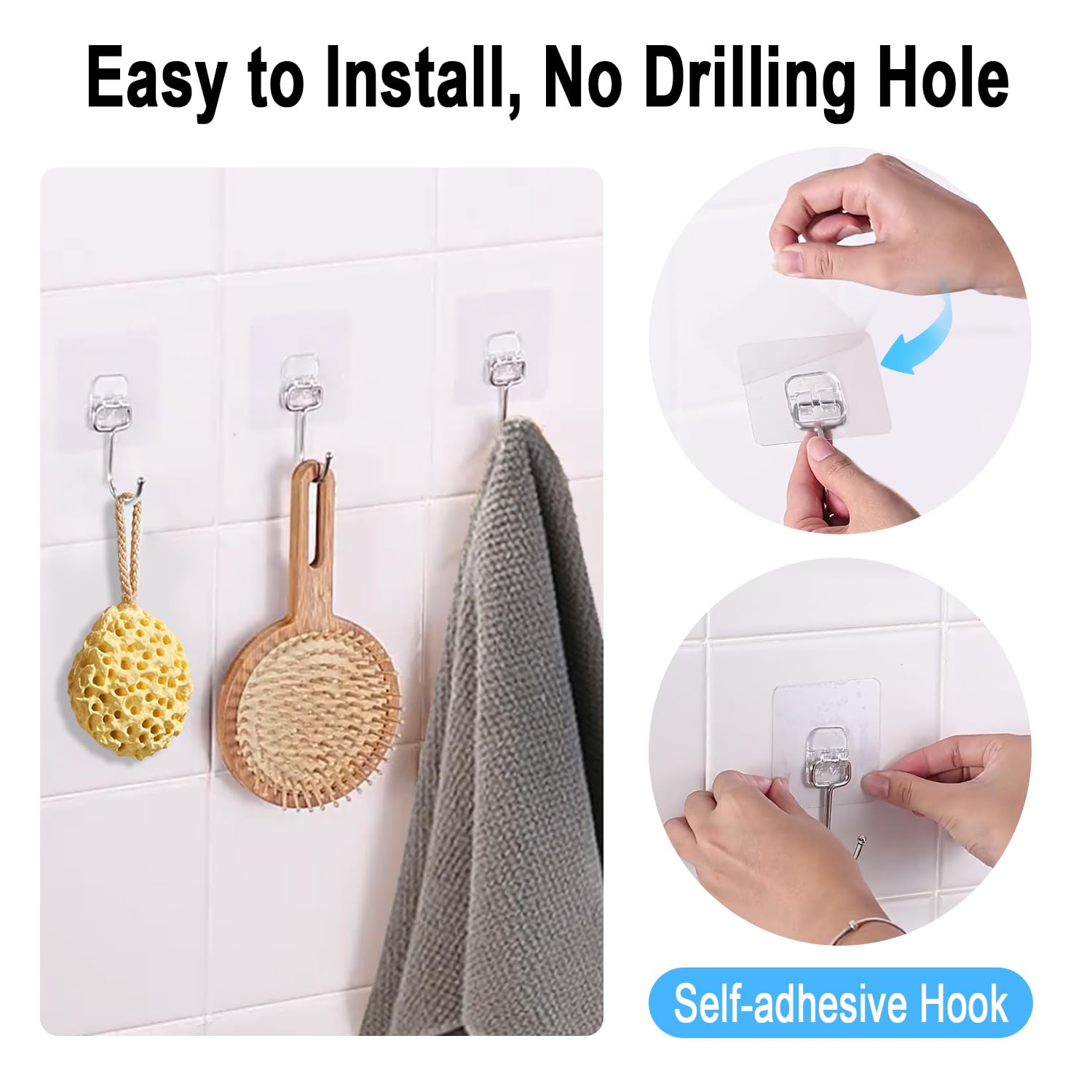 LOUXPERT 5PCS Large Adhesive Wall Hooks Heavy Duty - Hanging Up to 10Kg (22Lbs), Sticky Hooks No Damage, Self Adhesive 204 Stainless Steel Stick on Hooks (Clear)