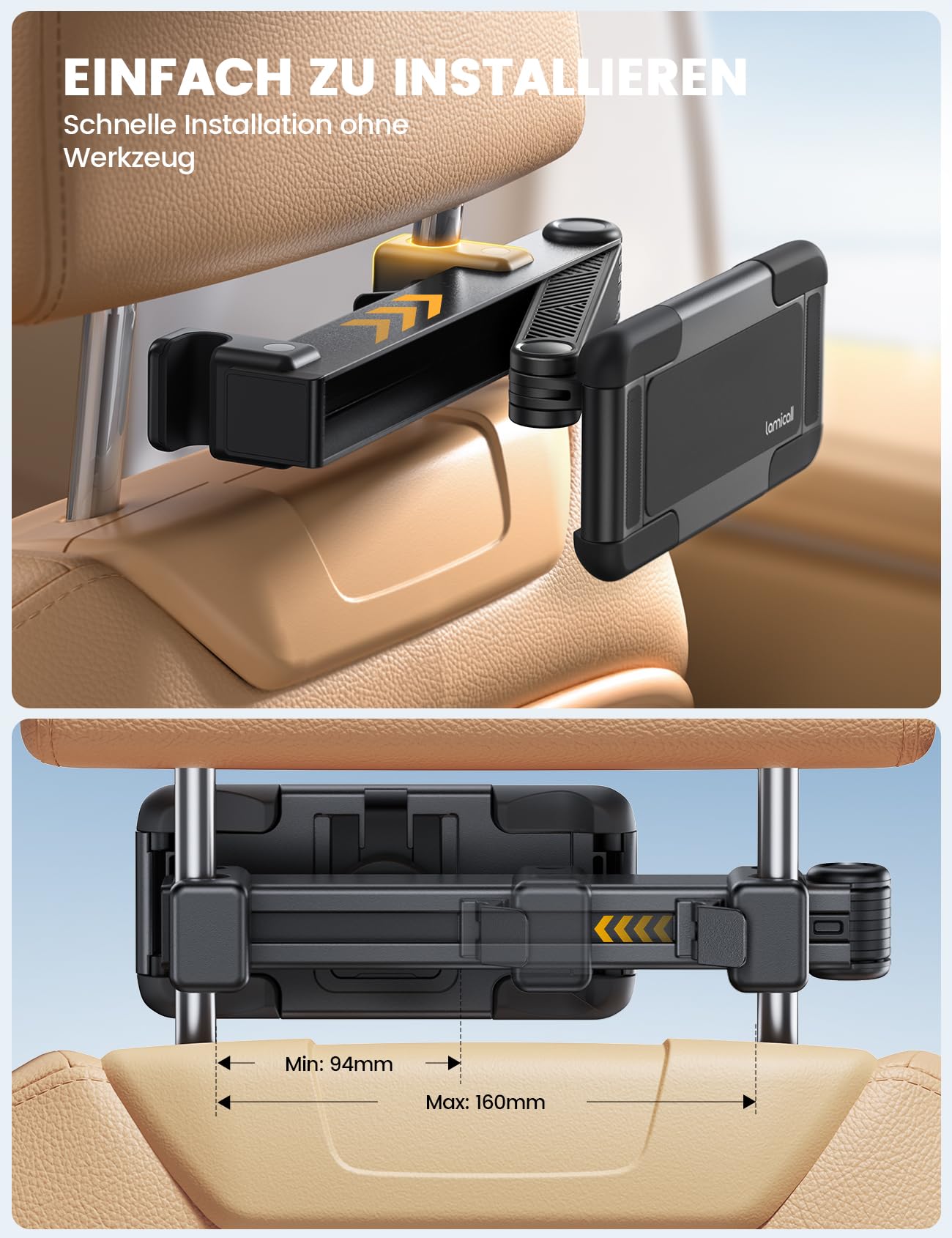 Lamicall Tablet Halterung Auto Kopfstütze - [Doppelt Faltbares Design] Tablethalterungen Auto mit Abschließbarer Alu-Arm, Ausziehbare KFZ Tablet Autohalterung für iPad, 6,1-13 Zoll Geräte & Smartphone