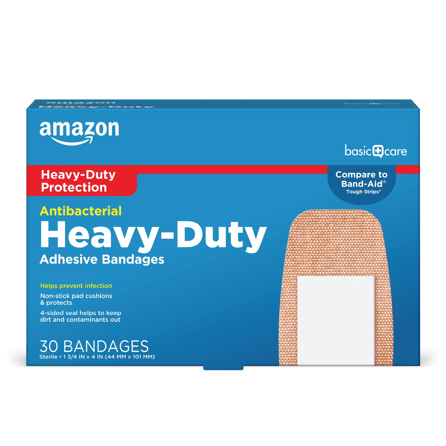 Amazon Basic Care Heavy Fabric Adhesive Bandages, Tough & Flexible Non-Stick Pad Cushion, 1.75 x 4 inches (30 Count)