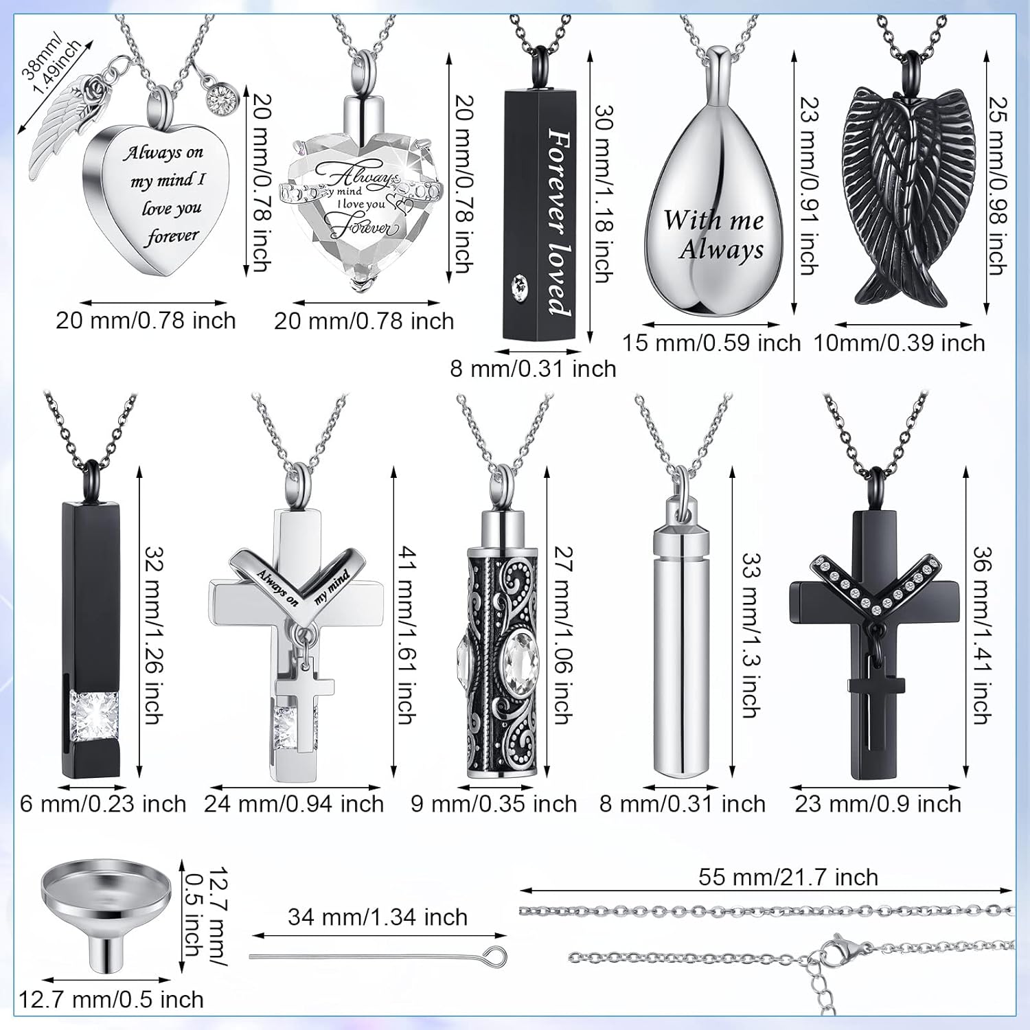 Jexine 10 Pcs Urn Necklace For Ashes Cremation Jewelry Wings Tear Drop Cross Crystal Ashes Necklace Stainless Steel Zircon Memorial Locket Vertical Bar Heart Waterproof Keepsake For Men - Image 6