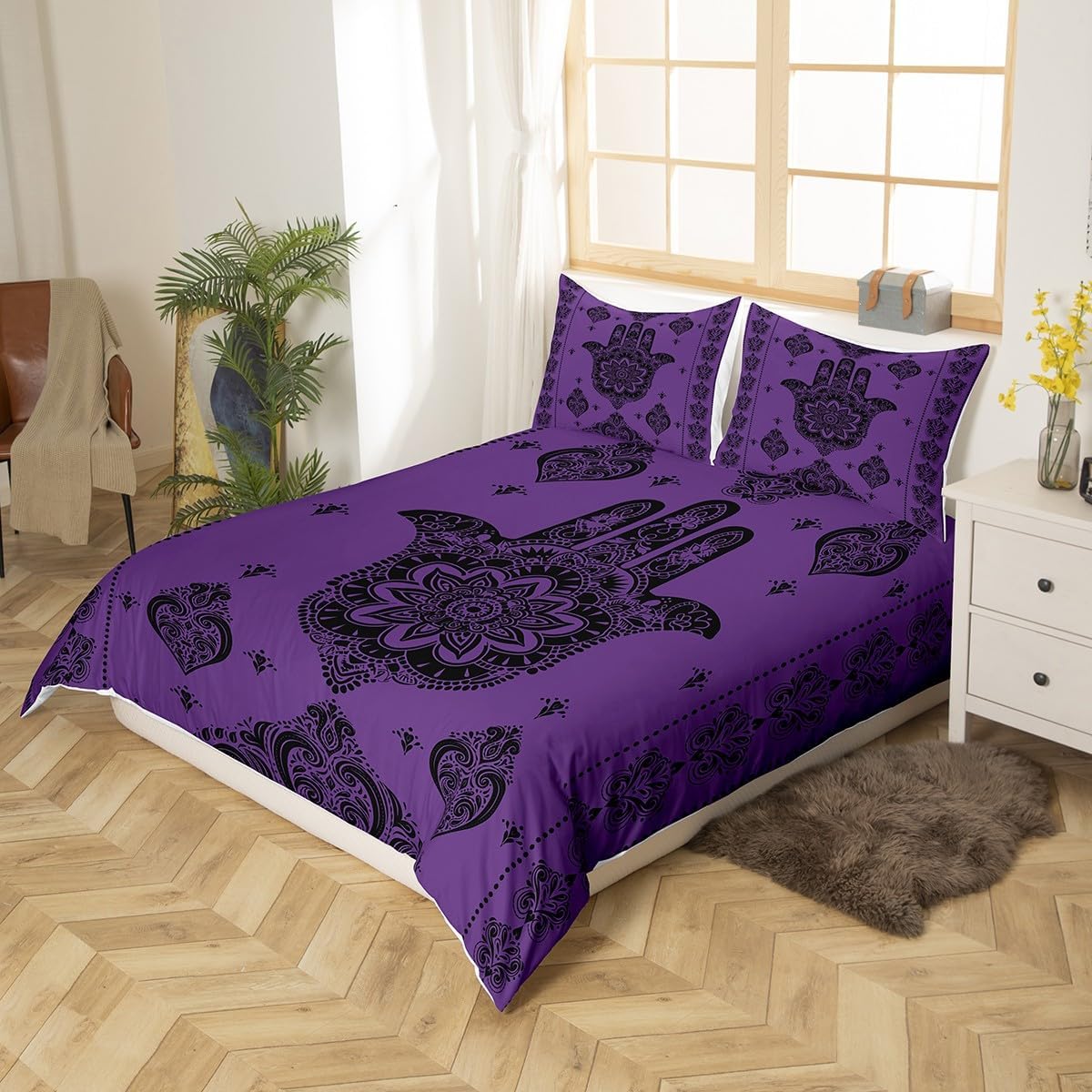 Boho Hamsa Hand Duvet Cover Set Queen,Mandala Damask Love Floral Bedding Set Kids Teens Girls Boys Room Decor,Gothic Vintage Pattern Comforter Cover Exotic Purple Black Quilt Cover,No Comforter