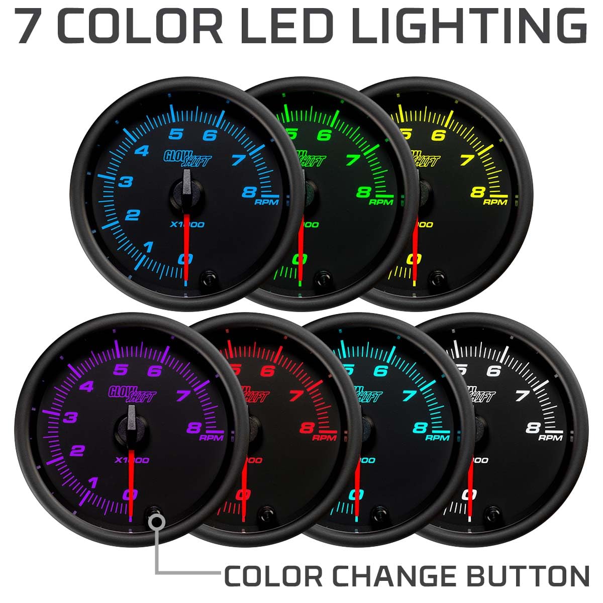 GlowShift Black 7 Color 8,000 RPM Tachometer Gauge - for 1-10 Cylinder Gas Powered Engines - Mounts in Custom Dashboard - Black Dial - Clear Lens - 3-3/8" 85mm