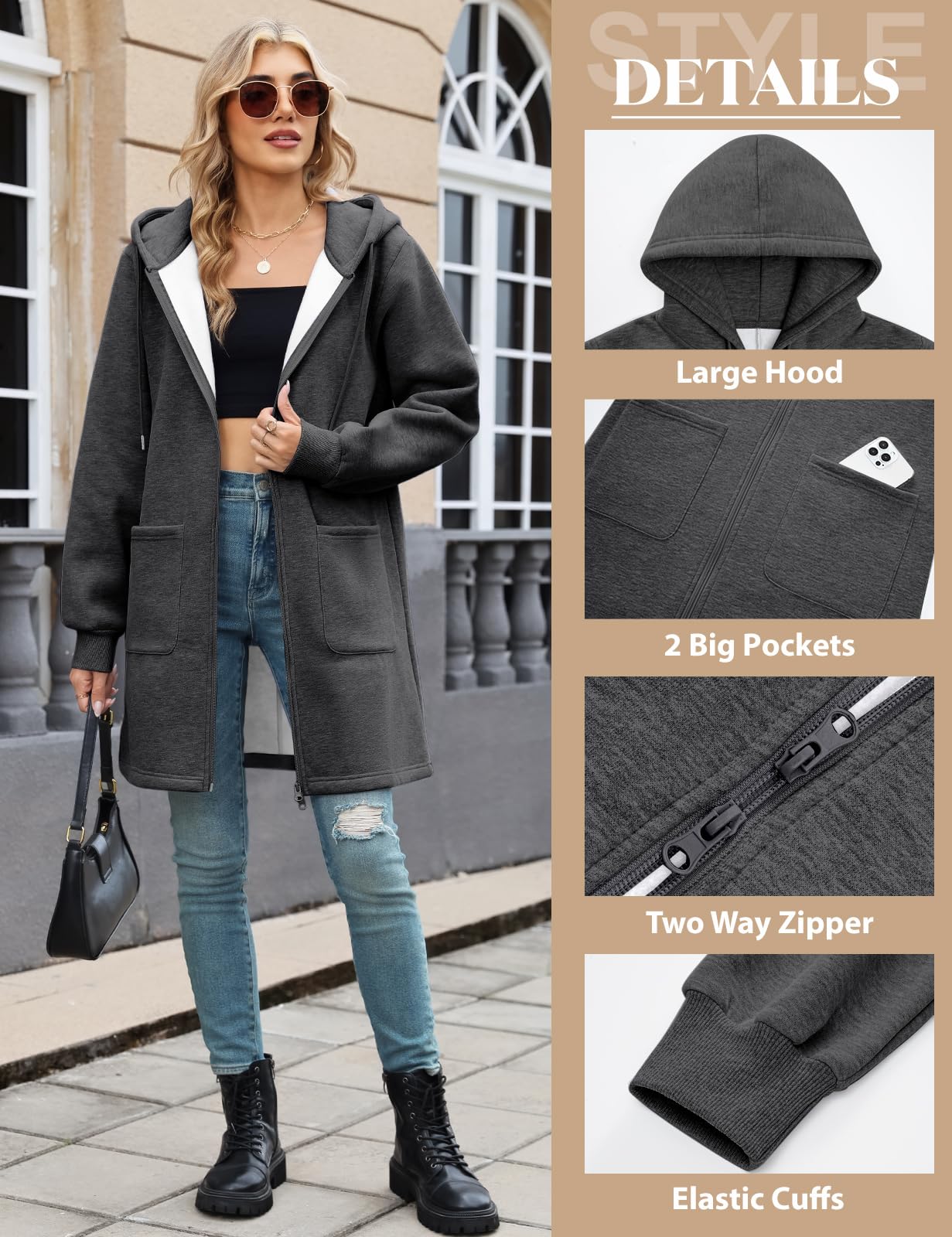 Vancavoo Sudadera Larga Mujer con Capucha y Cremallera Bidireccional | Chaqueta Casual con Cordón, Puños de Canalé y 2 Bolsillos de Parche, para Primavera, Otoño y Uso Diario