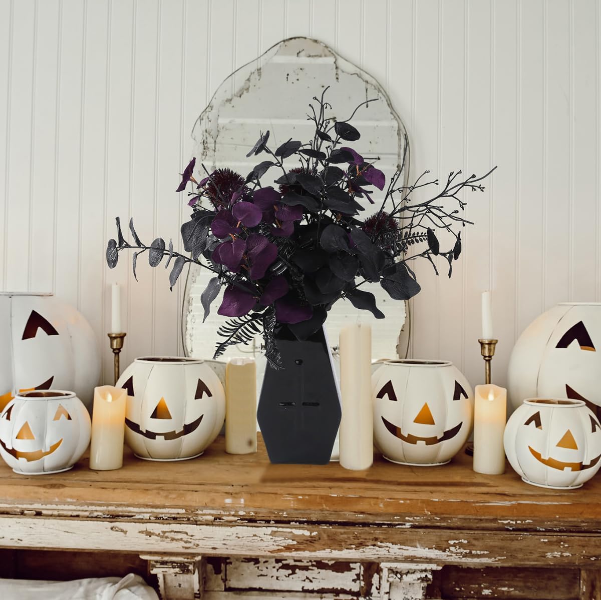 7pcs 18" Faux Halloween Floral Picks Tabel Centerpieces Decoration, Artificial Gothic Black Purple Eucalyptus Leaves Flowers Stems Picks Bouquet Decor (BLK-Purple) - Image 4