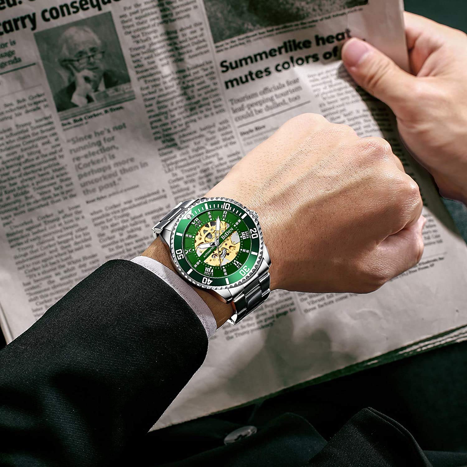 MASTOP Relojes mecánicos automáticos para hombre, de acero inoxidable, con esfera de diamante, de lujo, clásicos, de negocios, para hombre de negocios