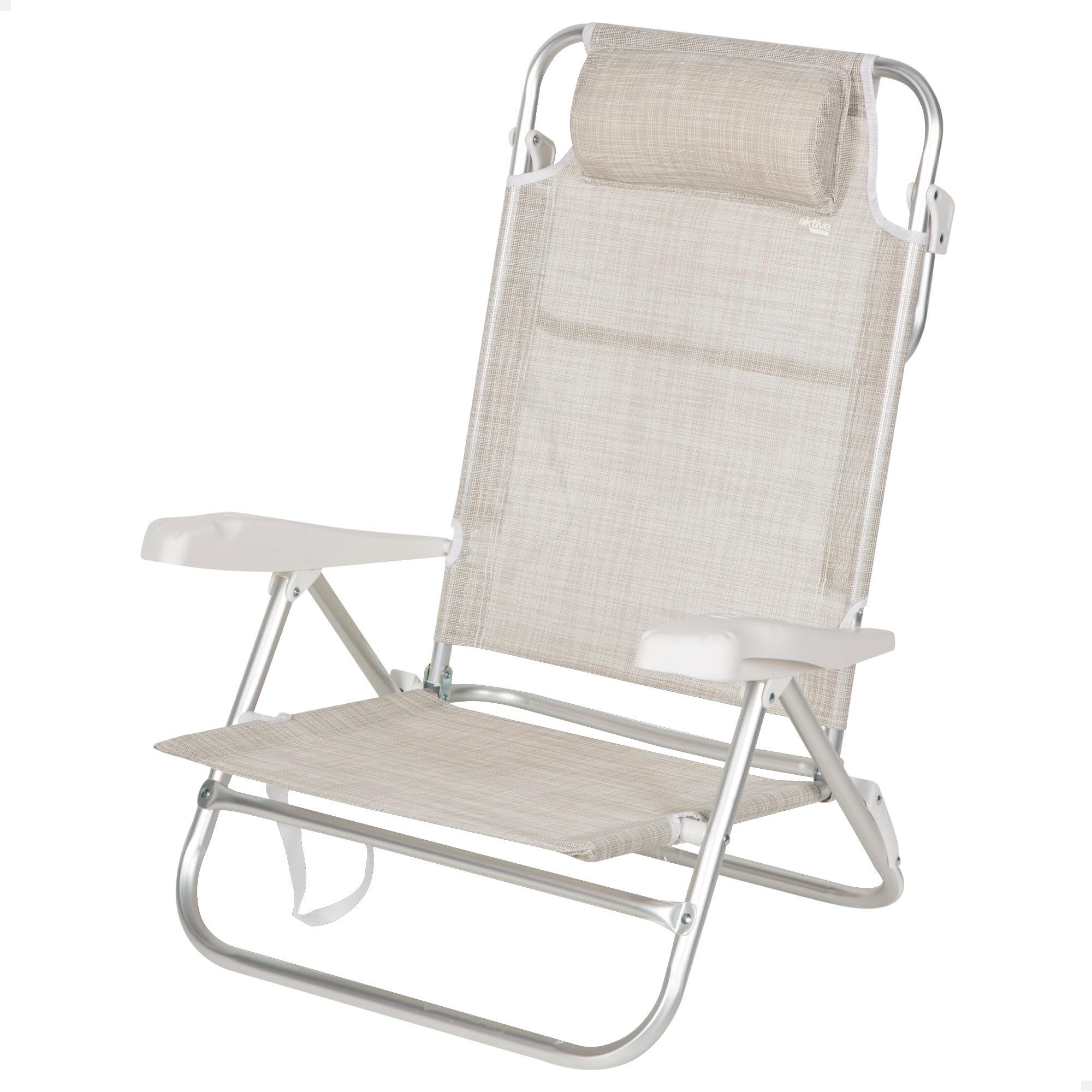 AKTIVE Silla Playa Plegable, 7 Posiciones, Color Beige, 47x49x82 cm, Incluye cojín Acolchado, Asas de Transporte, Soporta 110 kg, Sillas Respaldo reclinable, Multiposición (62667)
