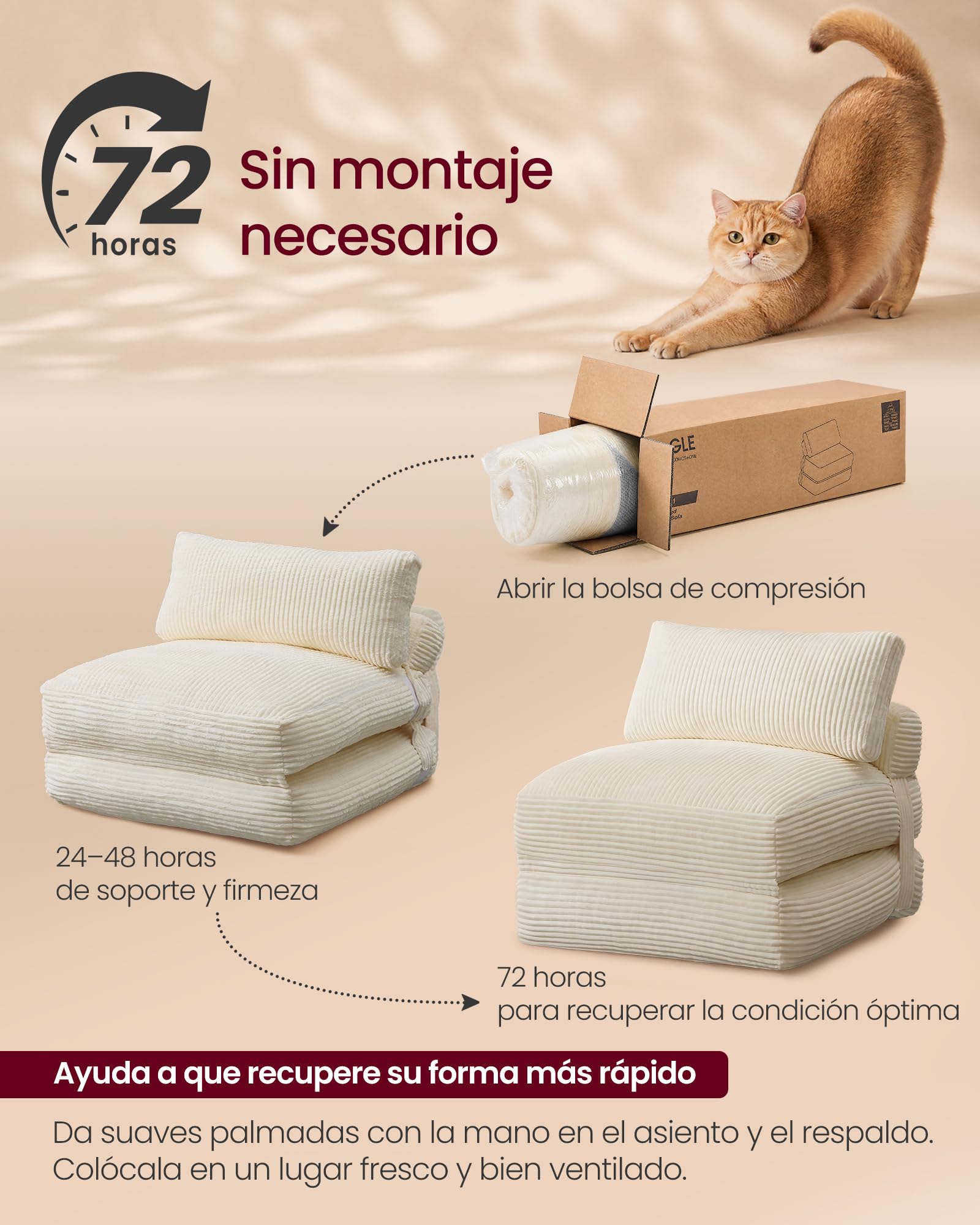 VASAGLE Sofá Cama Plegable, Sillón de Pana con Espuma de Alta Densidad, 89 x 89 x 78 cm / 89 x 195 x 43 cm, Blanco Cálido Claro, para Espacios Pequeños y Salón, Colección Camila LCS211W101