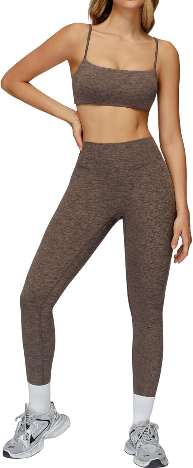 Women 2 Piece Workout Sets Spaghetti Strap Sports Bra High Waist Tummy Control Gym Leggings Yoga Outfit