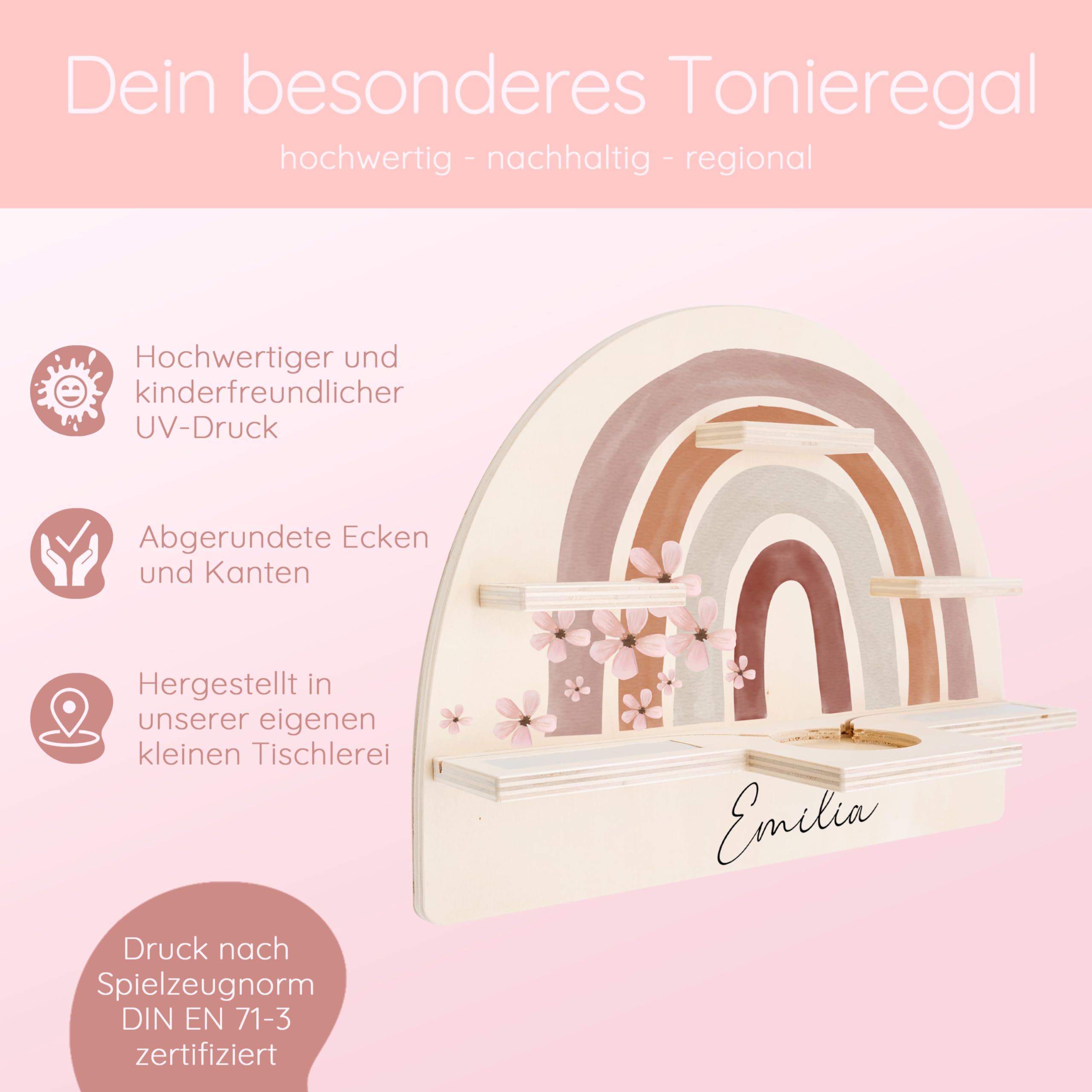 Bärenfreunde personalisiertes Tonie Regal für Kinderzimmer - Magnetisches Toniebox Regal für Toniebox1 & 2 Plus Figuren mit abgerundeten Ecken & Kanten (Regenbogen Blumen)