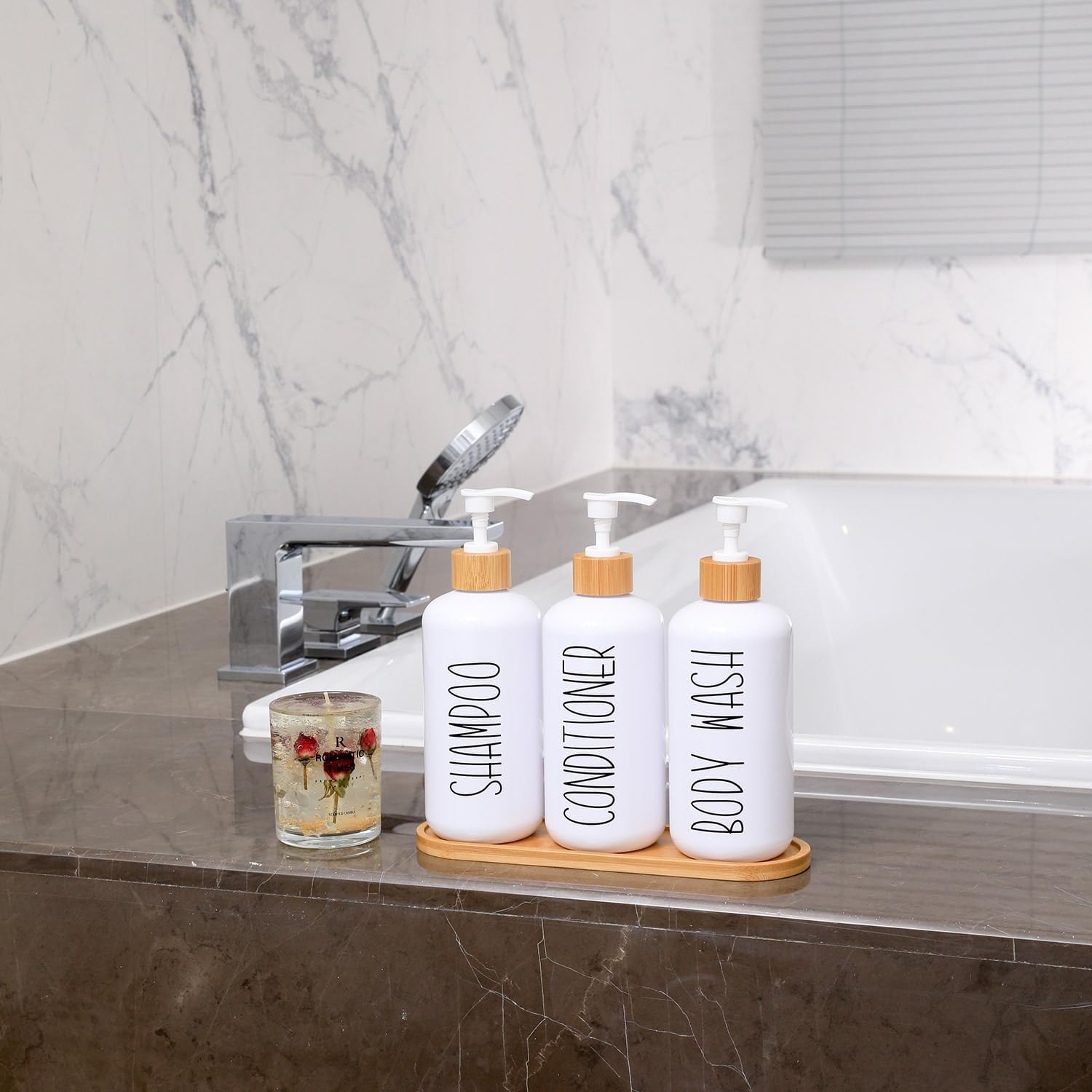 MOMEEMO White Shampoo and Conditioner Dispenser Set, Contains 3 Extra-Thick PET Plastic Bottles, Refillable Shampoo and Conditioner Bottles Perfect for Farmhouse Bathroom Decor. (White) - Image 7