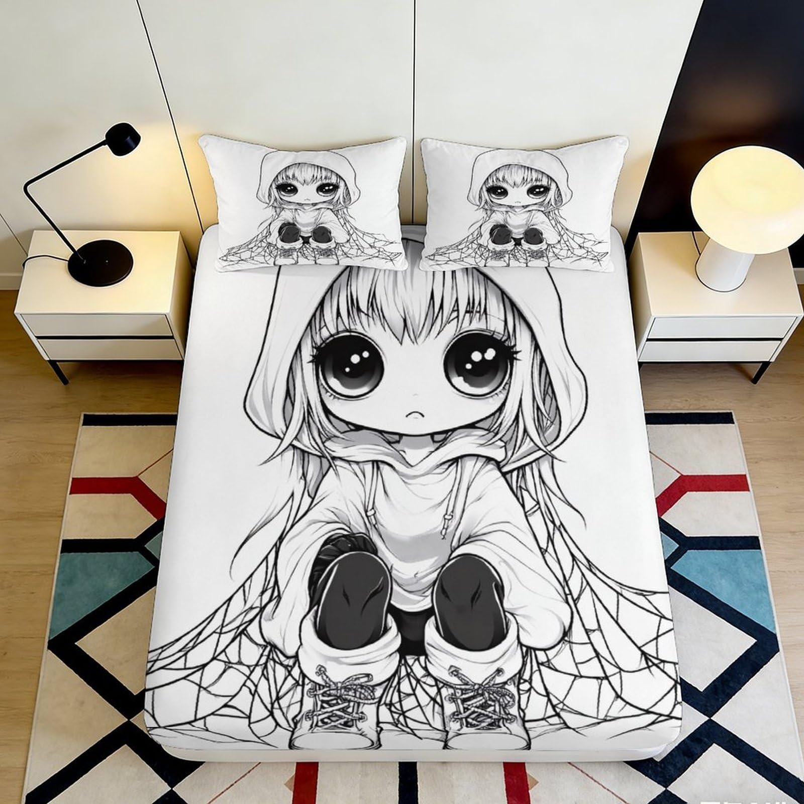 3D Printed Anime Girl Fitted Sheet Microfiber Soft Monochrome Cartoon Mattress Cover for Bedroom Dorm Protection Decor 200x200x25cm