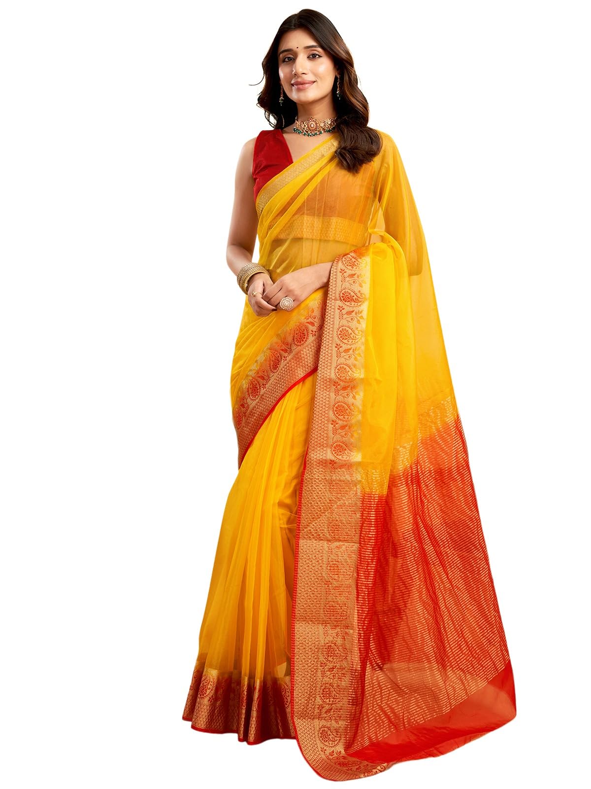 satrani Women's Organza Zari Stripe Jacquard Border Saree with Unstitched Blouse Piece-picture-29