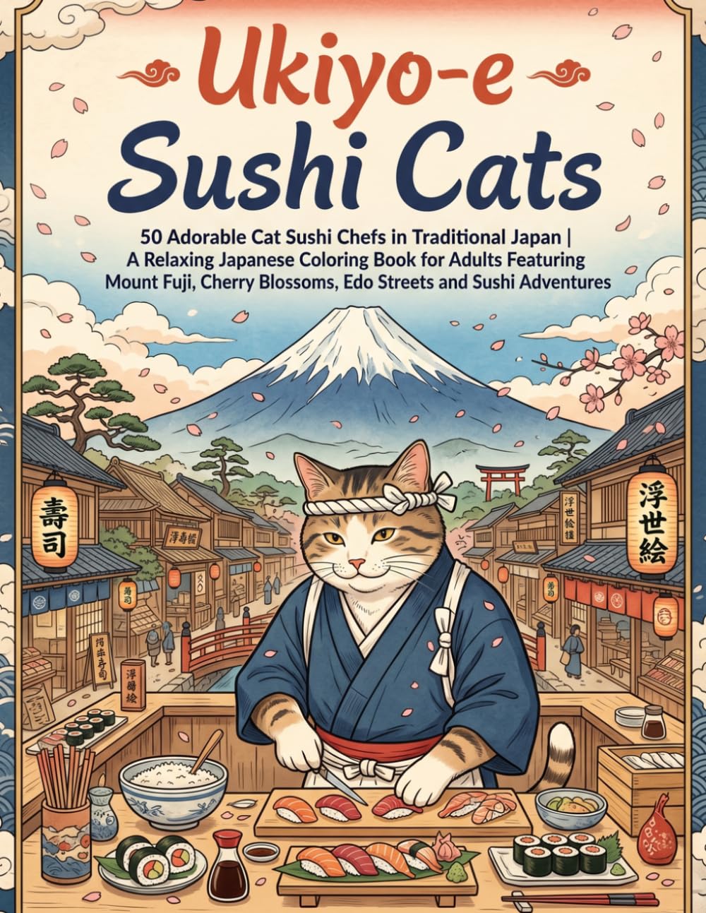 Ukiyo-e Sushi Cats: 50 Adorable Cat Sushi Chefs in Traditional Japan | A Relaxing Japanese Coloring Book for Adults Featuring Mount Fuji, Cherry Blossoms, Edo Streets and Sushi Adventures