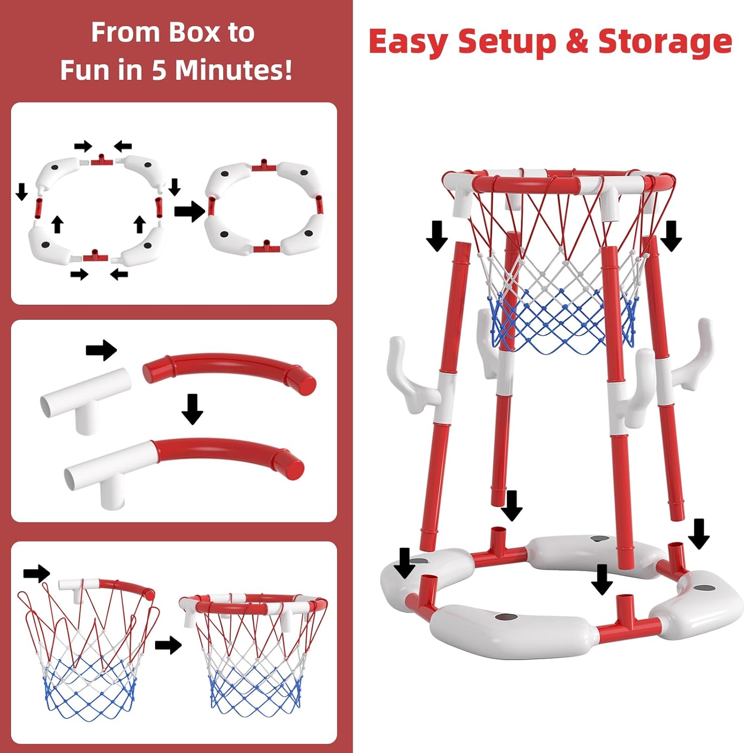 Pool Basketball Hoop for Kids 4-8 & 8-12 Years Old - 2-in-1 Floating & Above Ground Water Game with 4 Balls, 12 Rings & Pump, Outdoor Play Swimming Pool Toy for Adult Summer Party