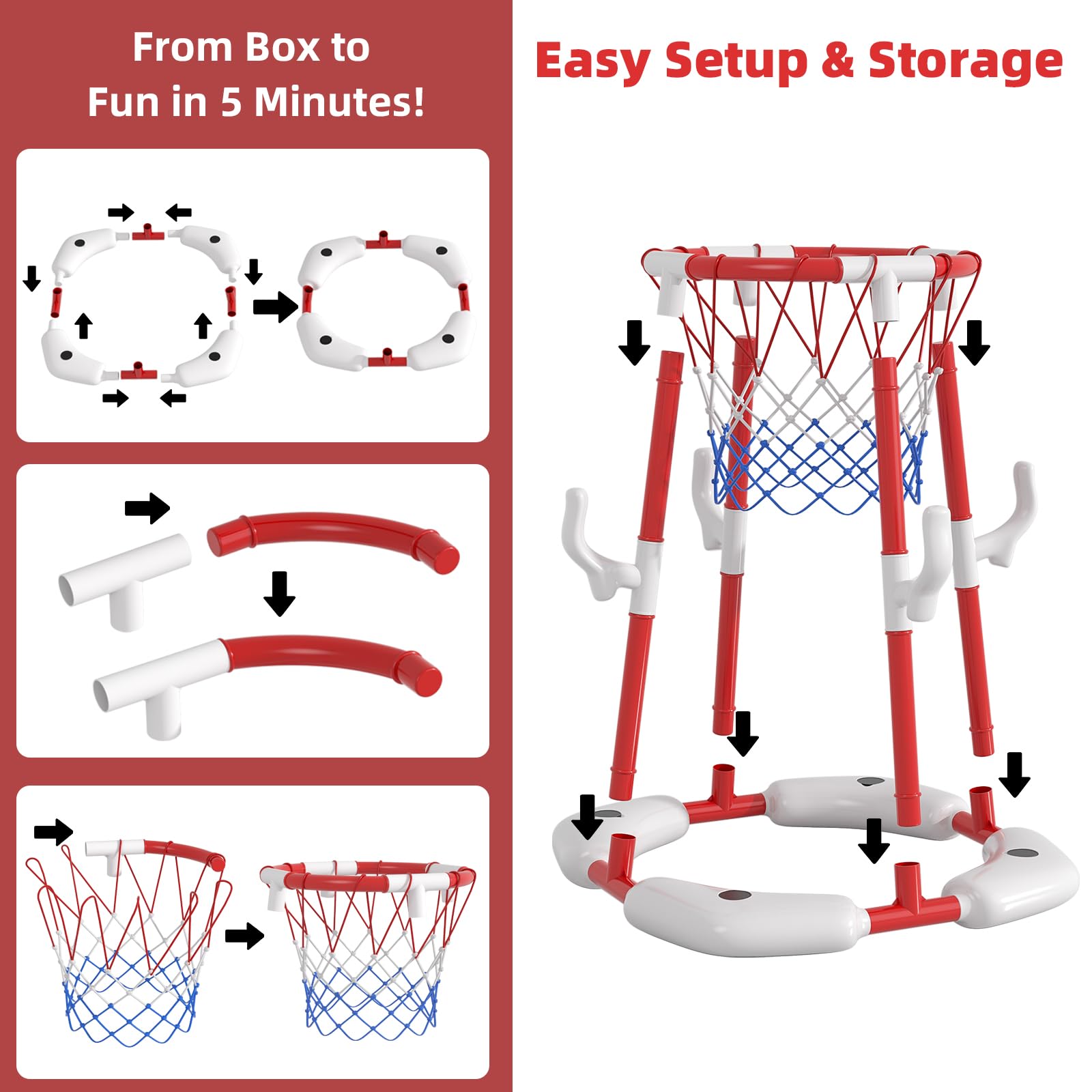 Anneau de Basket-Ball pour Enfants de 4 à 8 et 8 à 12 Ans, Jeu d'eau 2 en 1, Flottant et Hors Sol, avec 4 balles, 12 Anneaux et Pompe, Jouet d'extérieur pour Piscine pour Adultes, fêtes d'été