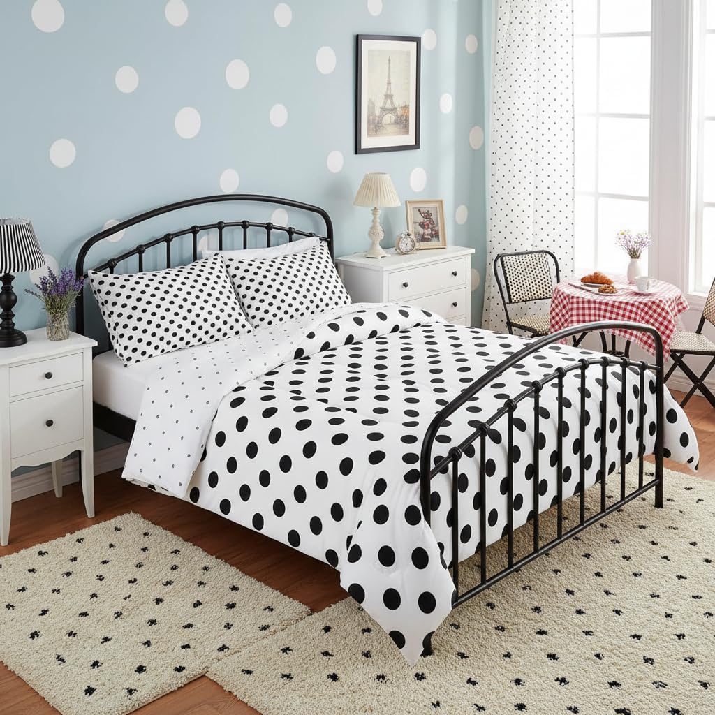 Manfei Black Polka Dots Comforter Set Twin Size,French Style Dots Cartoon Cute Bedding Set 2 Pcs for Boys Girls,Geometric Circles Black White Simple Art Comforter,1 Pillowcase