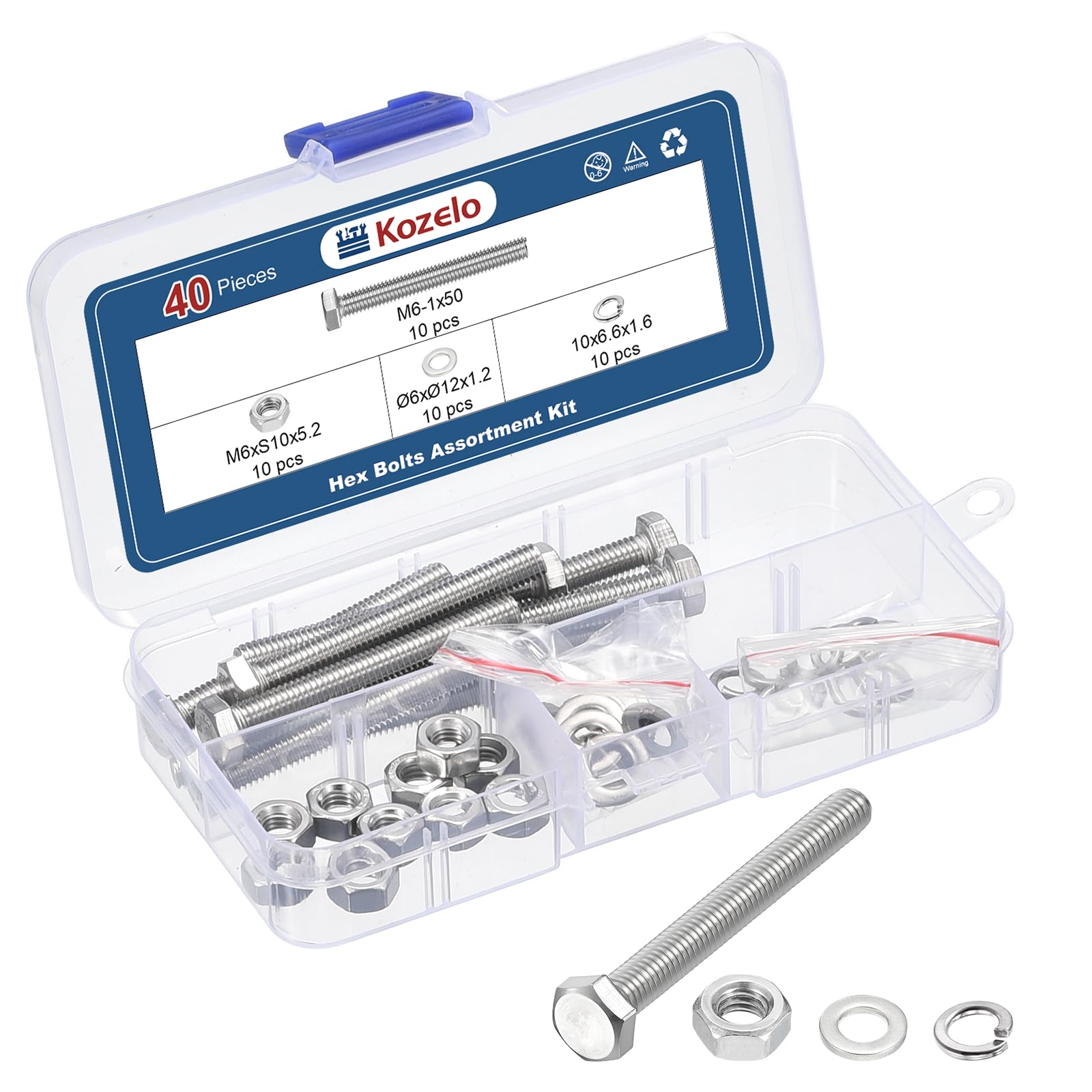 Kozelo 40 Pcs Bolts and Nuts Washers Kit - [M6-1x50] 304 Stainless Steel Hex Tap Bolt Assortment Fully Threaded Hexagon Head Machine Bolts Right Hand External Hex Drive, Silver Tone — image 1