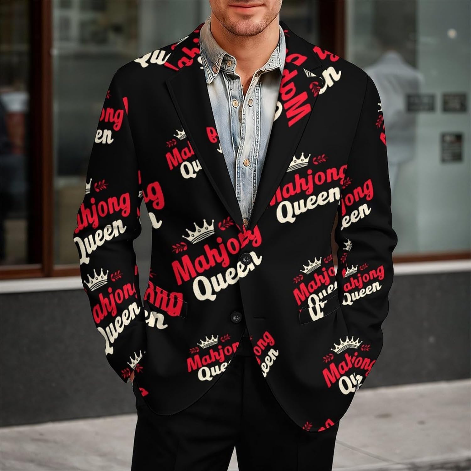 Mahjong1 Queen Mom Chinese Gambler Trendy Men's Two Button Suit Funny Casual Slim Fit Blazer Coat Tuxedos Jackets