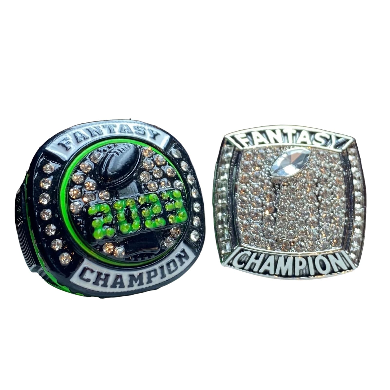 Set of two 2023 Fantasy Football Championship trophy ring | Silver Tone, and Neon Green and Black | Mixed Size