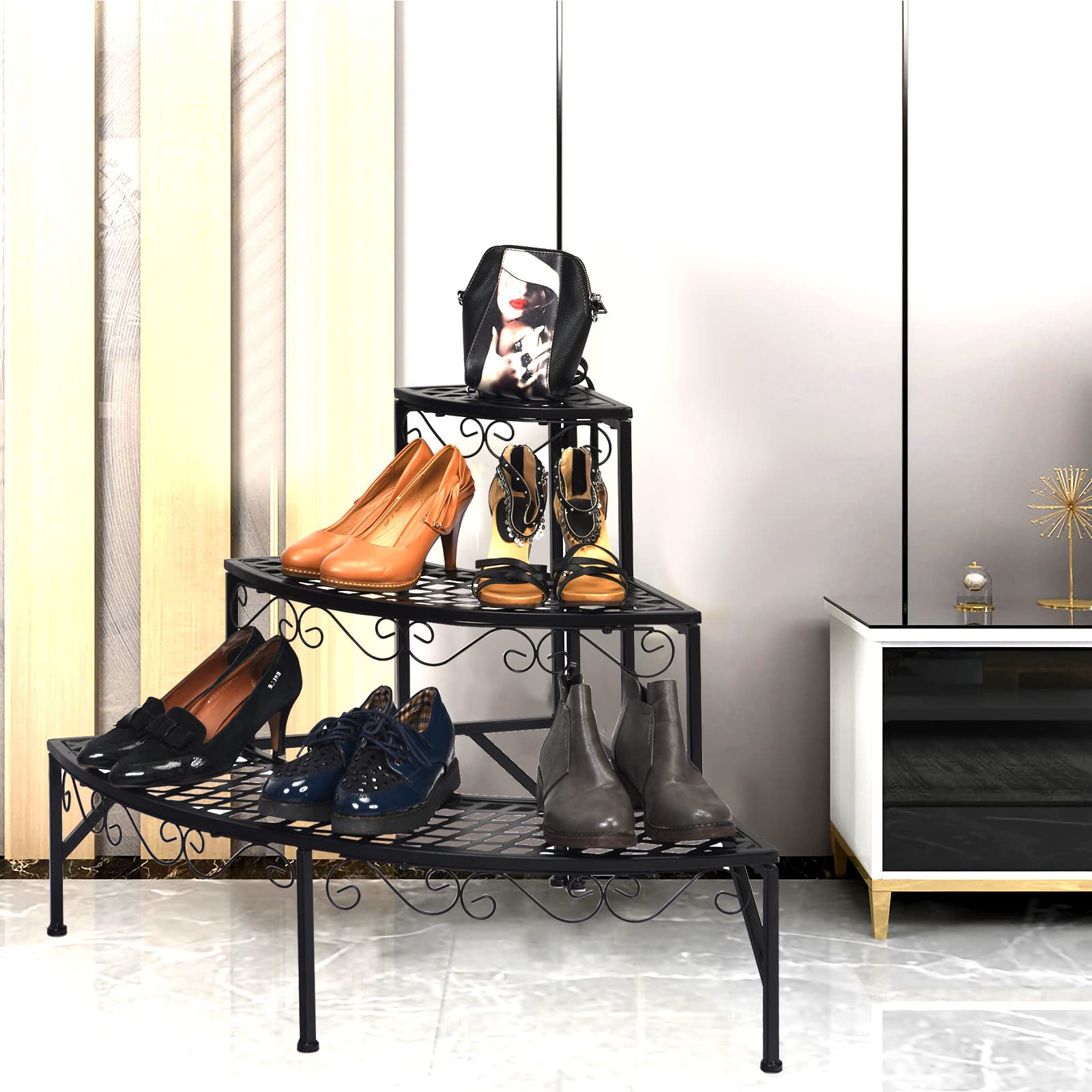 LIGUOYI Scaffale Per Piante 2 Ripiani – Ferro E Marmo – Altezza Regolabile 50-90 Cm – Nero E Oro - 3