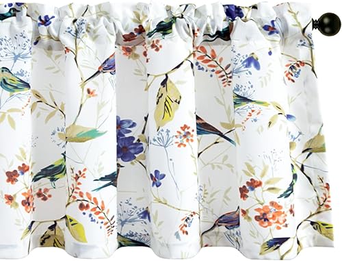 Miniatura 8 de VOGOL Cenefas con patrón de pájaros para ventanas de cocina, cenefa texturizada de lino con estampado floral y pájaros para ventanas pequeñas