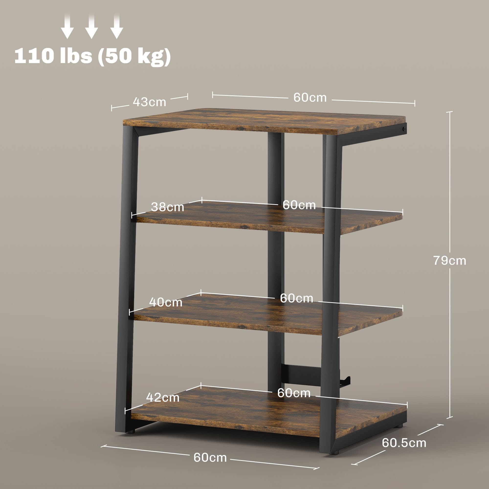 HOMCOM Soporte HiFi, Estante de Almacenamiento Multimedia de 4 Niveles con estantes Ajustables, Estante para regletas de alimentación para Router, Reproductor de Discos, Impresora, Soporte de TV