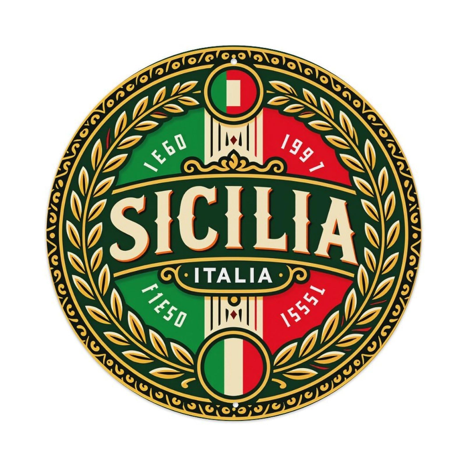 Sicilia Italia Emblem With Laurel Wreath And Italian Flag Colors Round Vintage Tin Sign,Retro Wall Art,Metal Poster for Home, Bar, Garage, Cafe, Rustic Indoor & Outdoor Decor, 8x8 Inches