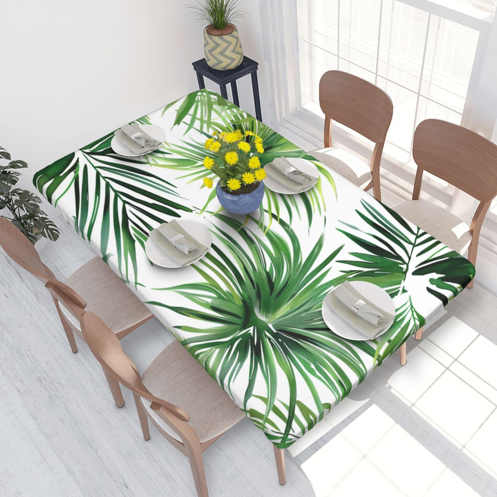 DCARSETCV transparent palm leaf pattern Printed 4FT Waterproof Tablecloth with Elastic Edged Protect & Decor Your Table, Oil-proof Washable Table Cloth Cover for Dinner Picnic Party