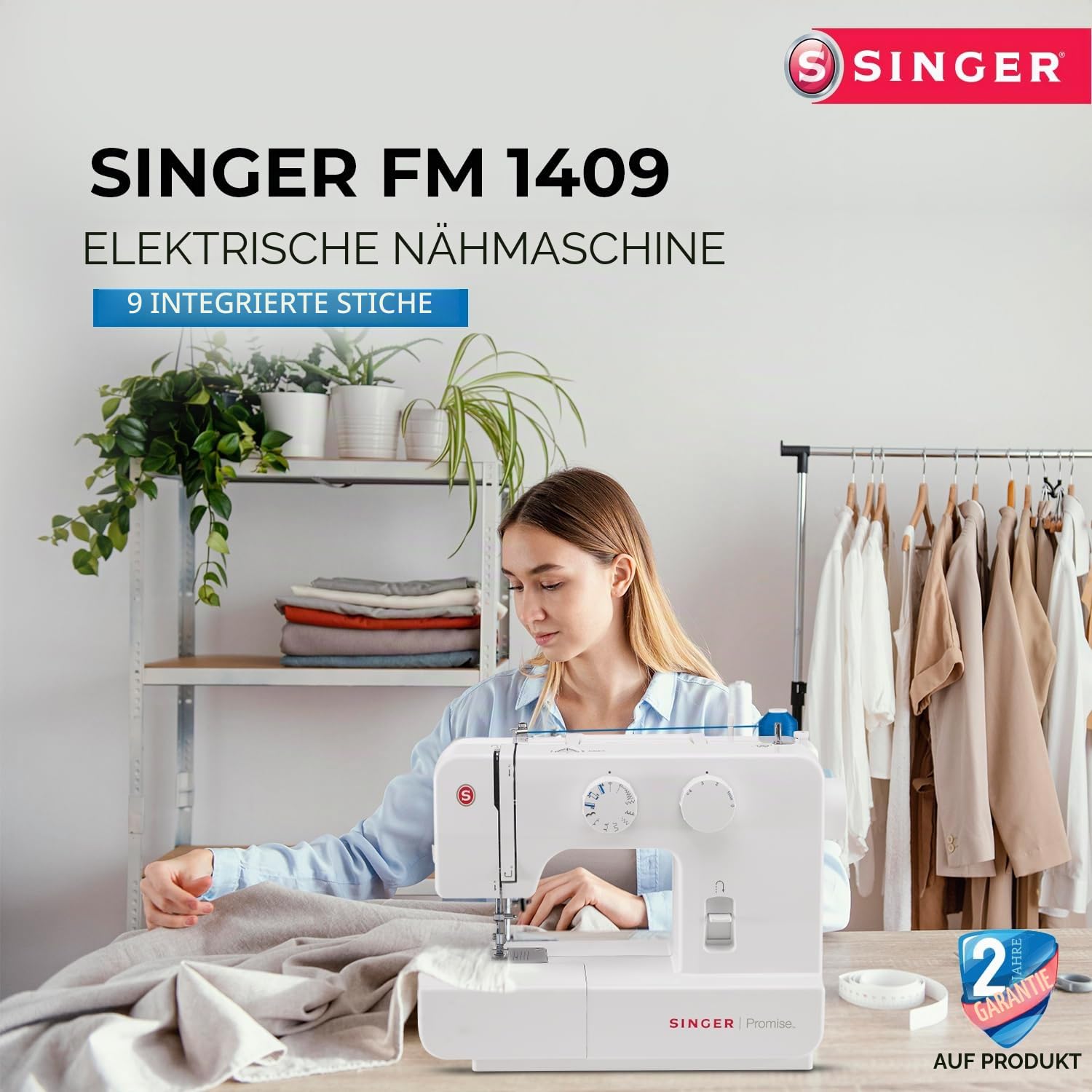 Singer Nähmaschine 1409 für Anfänger - 15 Nähvorgänge, 4-Stufen-Öse, Stichlängeneinstellung und einstellbare Zick-Zack-Breite, Rückwärtshebel, Freiarm, inklusive Softcover - Singer Nähmaschine
