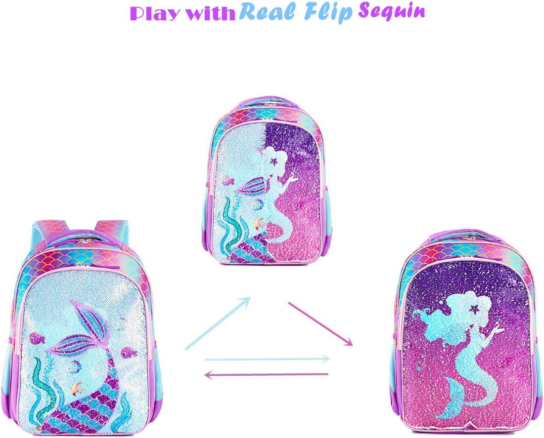 Reversible Sequin School Backpack Lightweight Little Kid Book Bag with Lunch Bag Set for Preschool Kindergarten Elementary(17", Mermaid with Lunch Bag)