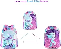 Vista 7 de THE Crafts Mochila escolar reversible de lentejuelas para niños pequeños con bolsa de almuerzo para preescolar jardín de infantes, Sirena con bolsa